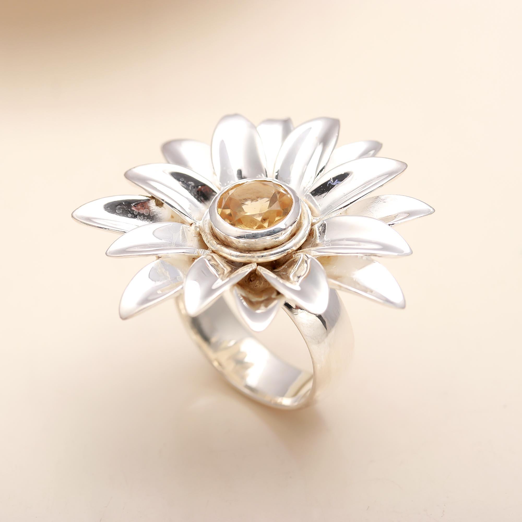 925 Silver Citrine Sunflower Ring