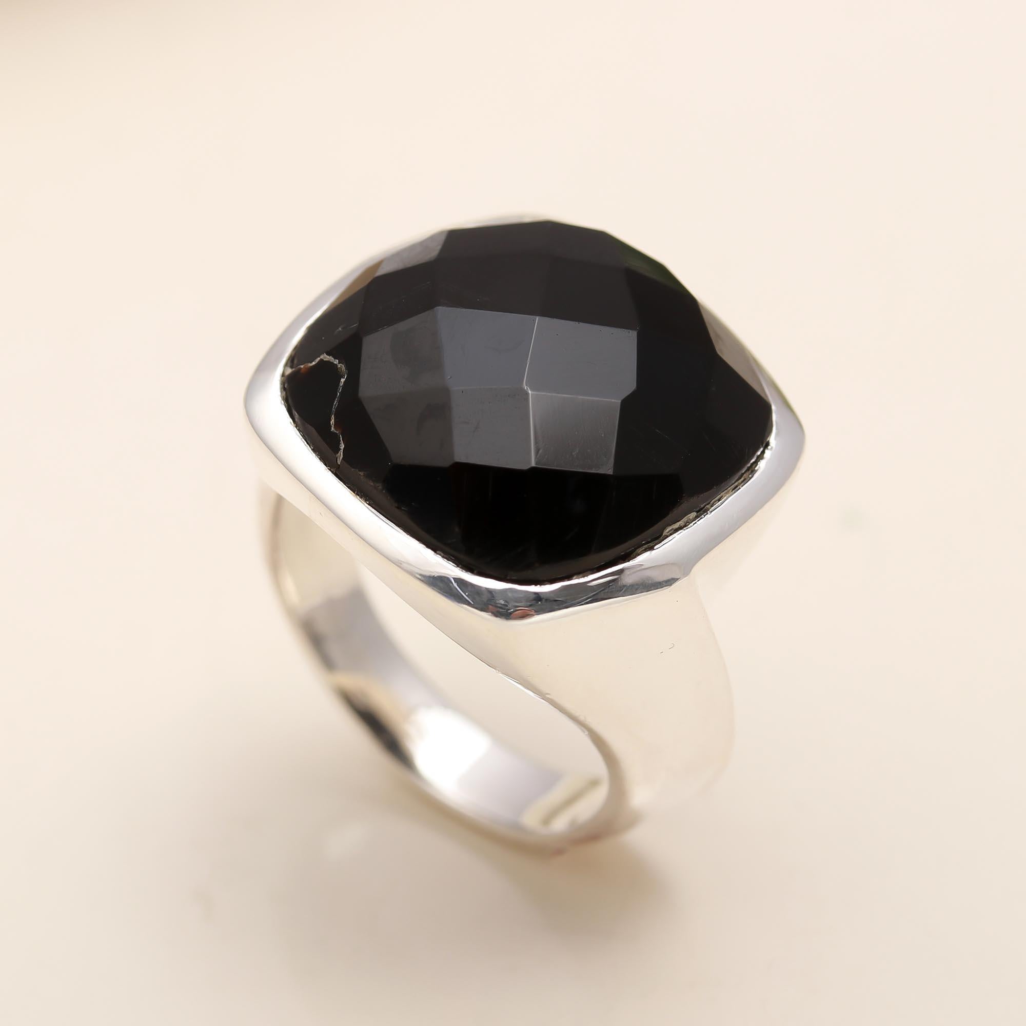 925 Silver Faceted Black Onyx Ring