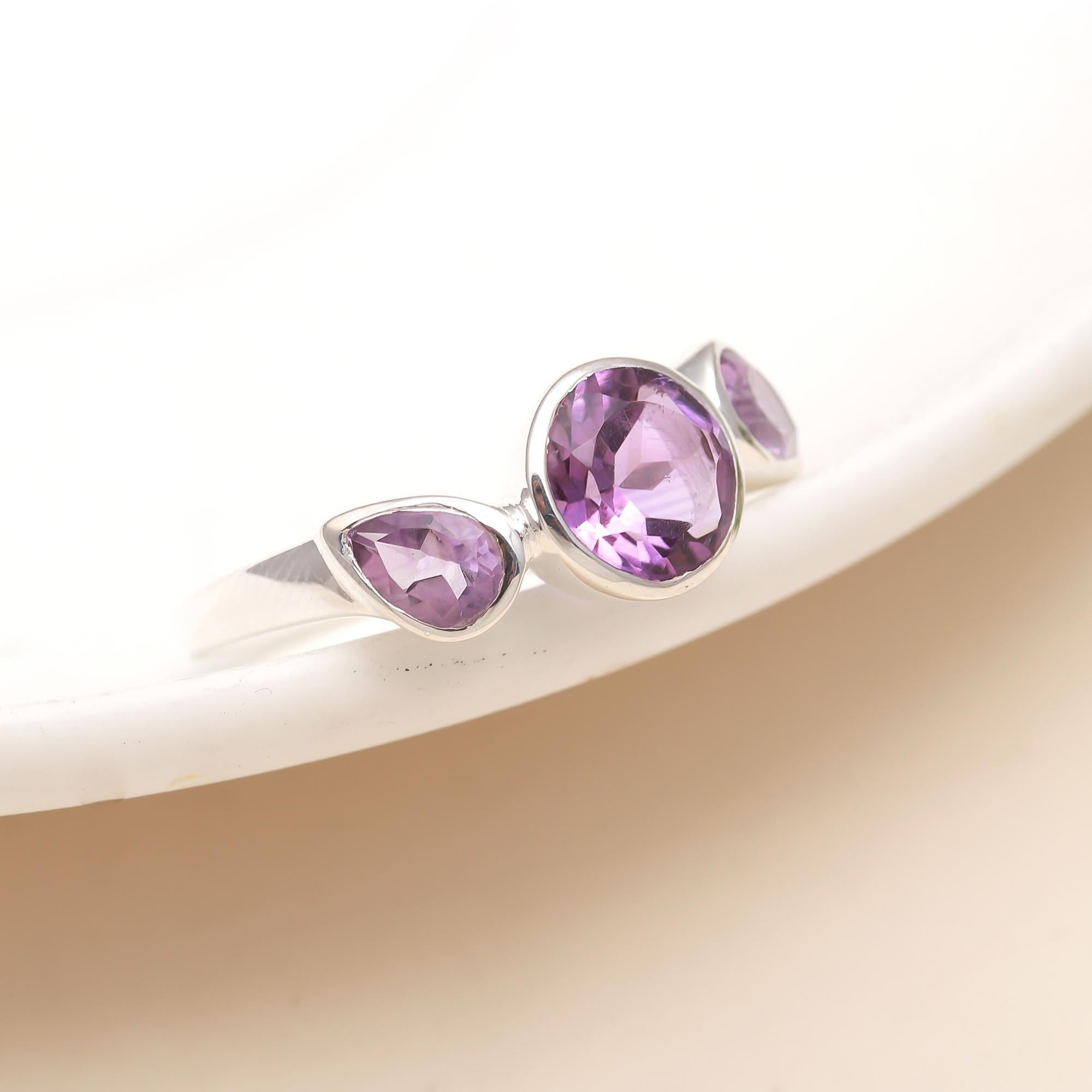 925 Silver Triple Amethyst Ring