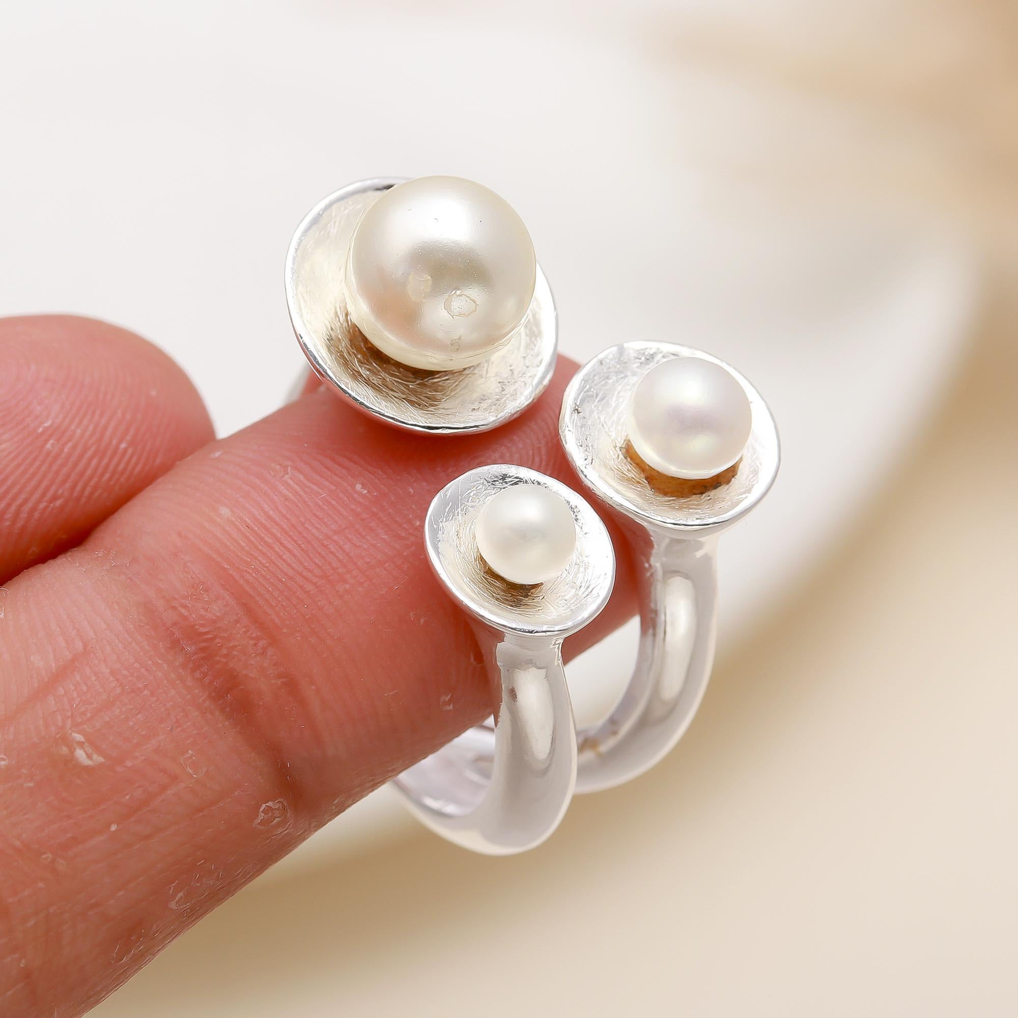 925 Silver Triple Pearl Open Ring