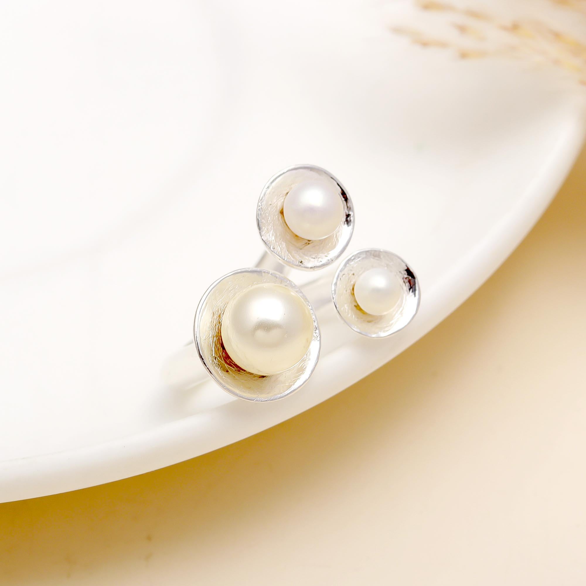 925 Silver Triple Pearl Open Ring