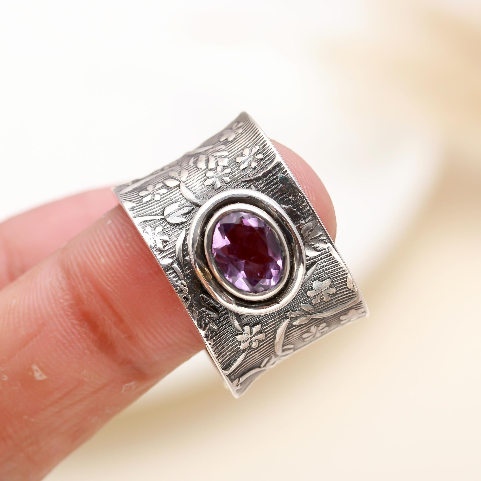 925 Silver Amethyst Wide Ring
