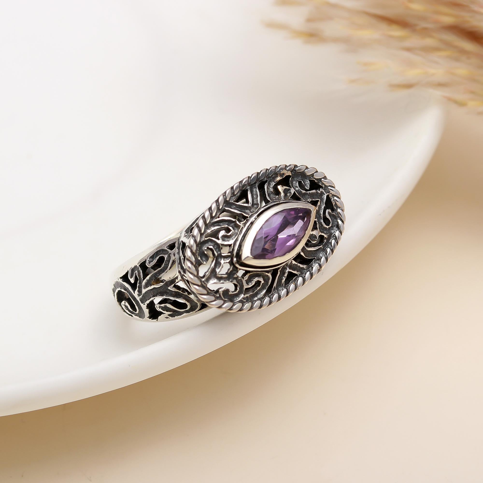 925 Silver Amethyst Filigree Ring