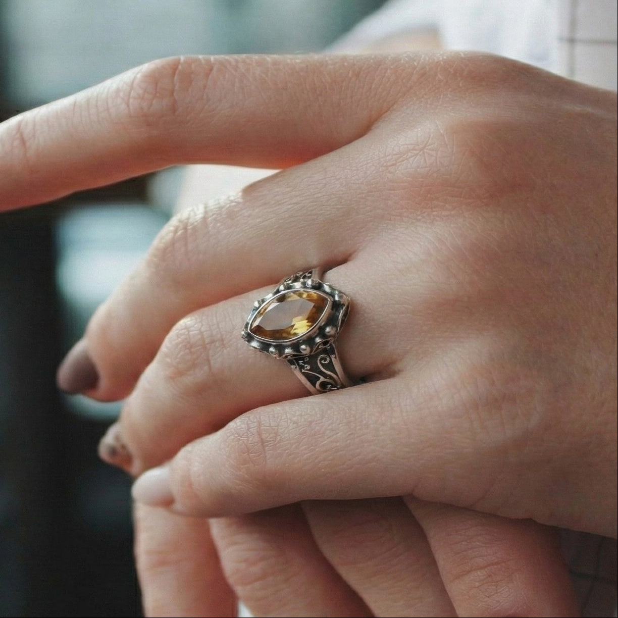 The Vintage Scroll: Citrine Oxidized Silver Filigree Ring
