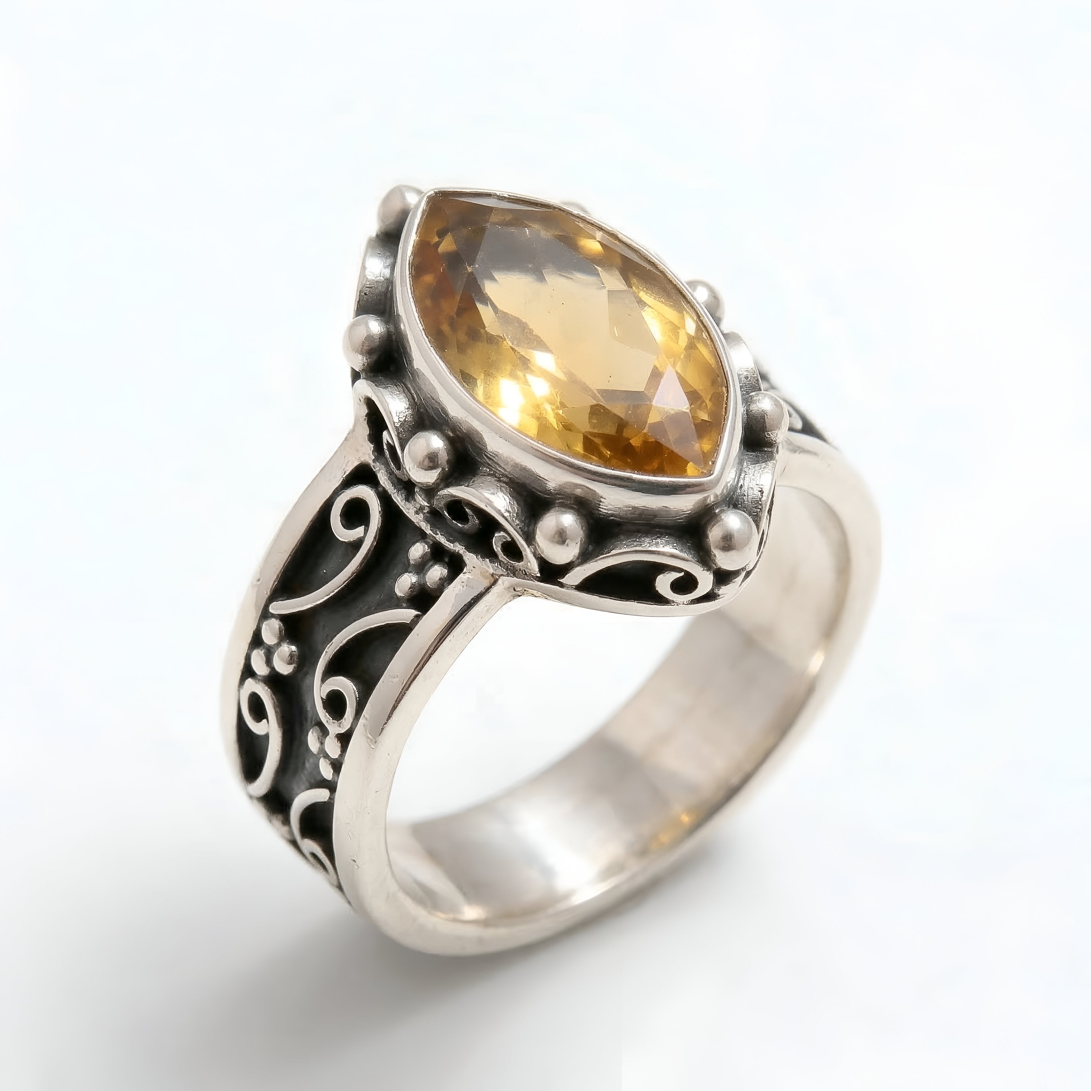The Vintage Scroll: Citrine Oxidized Silver Filigree Ring