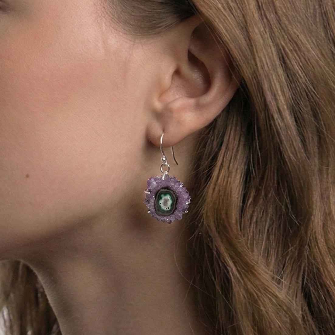 The Violet Cosmos: Amethyst Stalactite Slice Silver Earrings