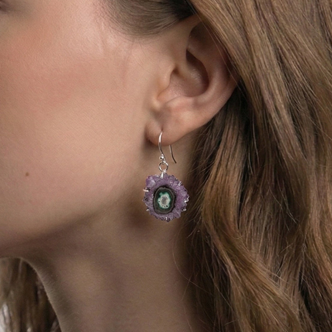 The Violet Cosmos: Amethyst Stalactite Slice Silver Earrings