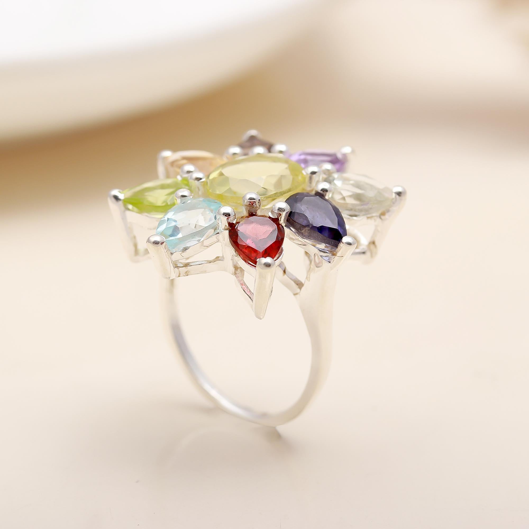 The Chroma Bloom: Multi-Gemstone Floral Cluster Ring