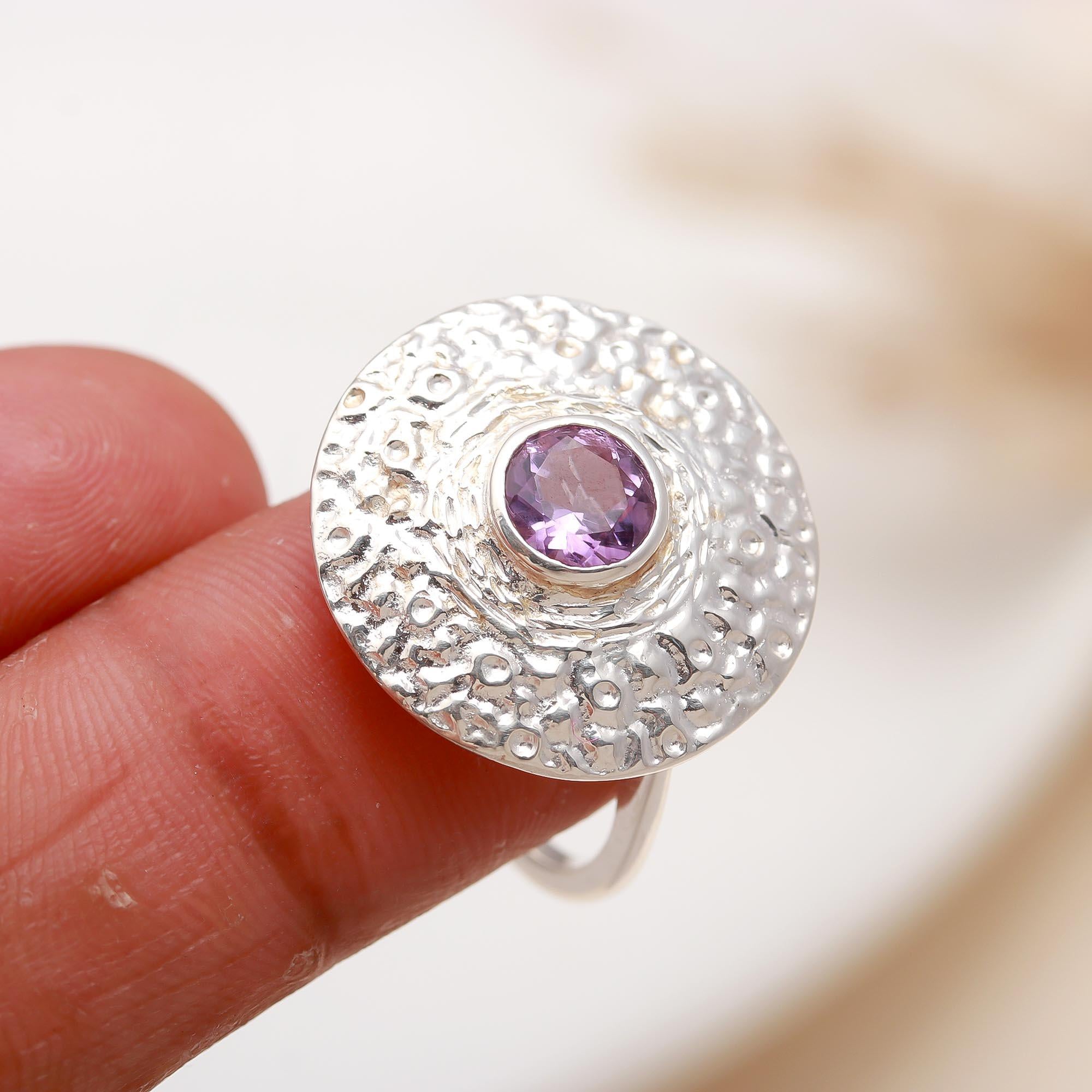 925 Silver Amethyst Hammered Disc Ring