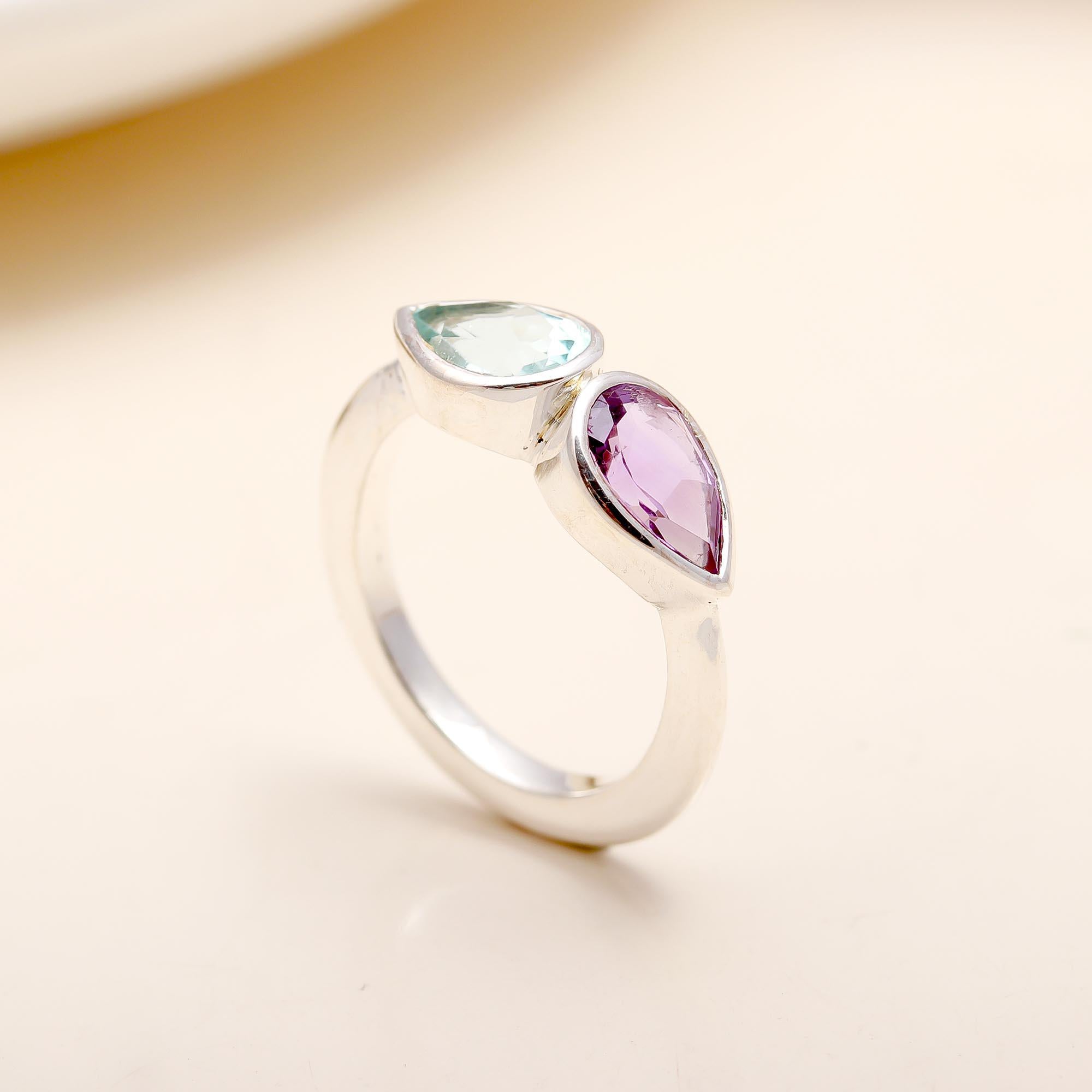 925 Silver Amethyst and Blue Topaz Ring