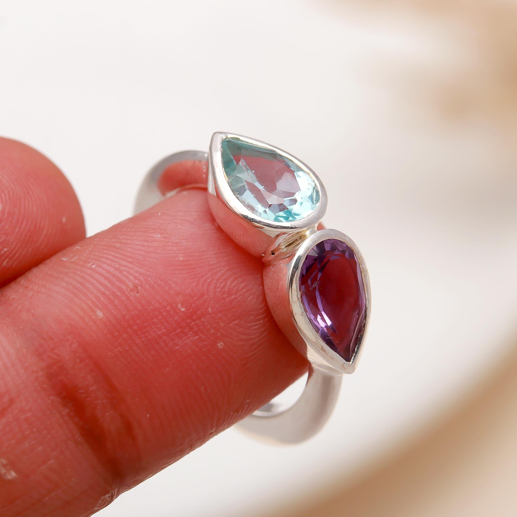925 Silver Amethyst and Blue Topaz Ring