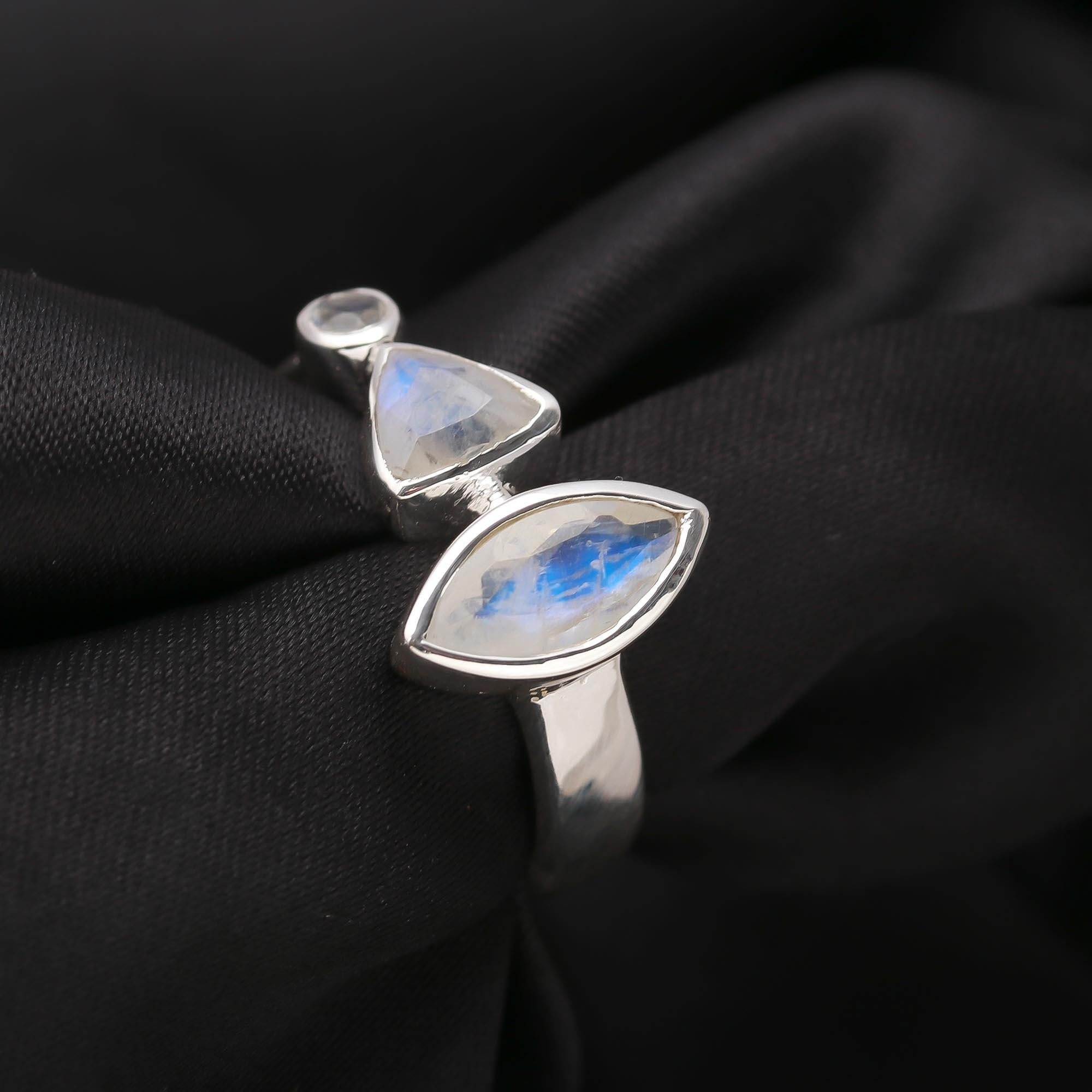 Handmade 925 Sterling Silver Multi-Rainbow Moonstone Ring