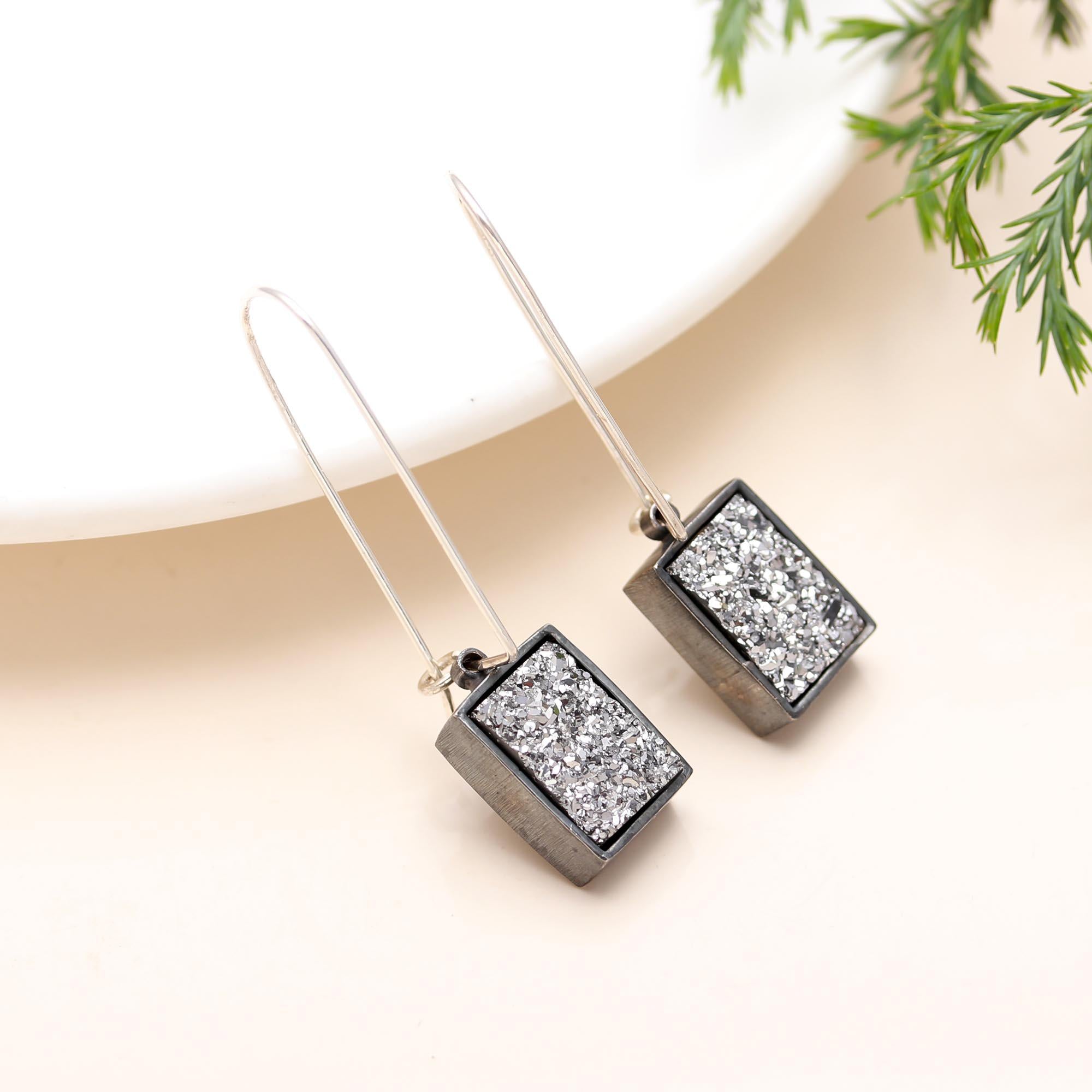 Solid 925 Sterling Silver Titanium Silver Drusy Earring