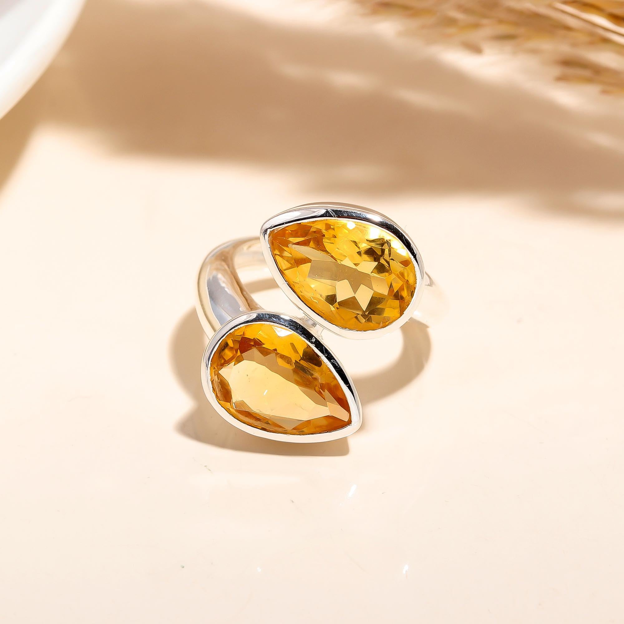 925 Silver Double Citrine Open Ring