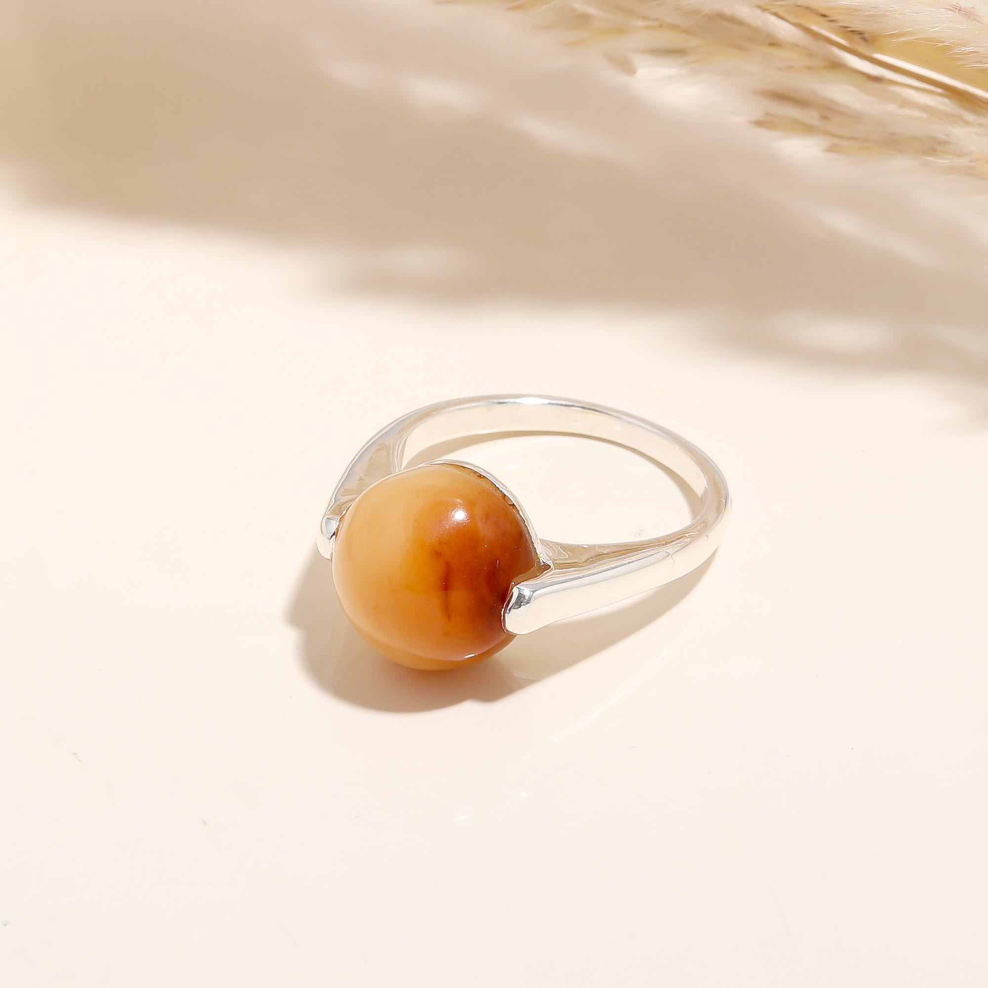 925 Silver Amber Cabochon Ring