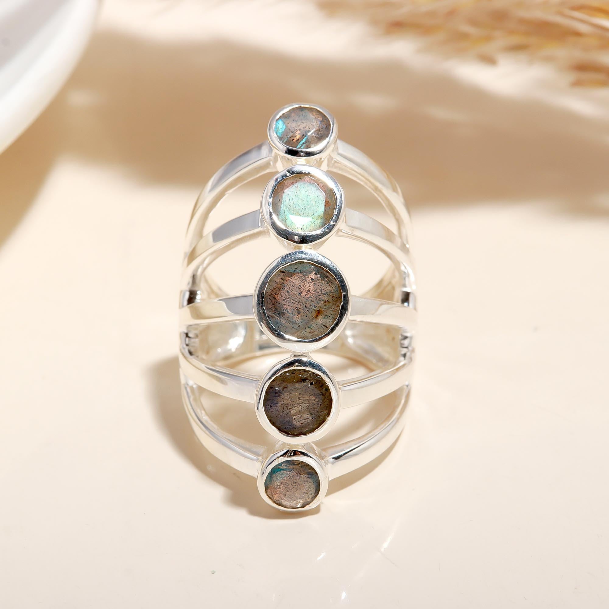 Designer 925 Sterling Silver Labradorite & Moonstone Ring
