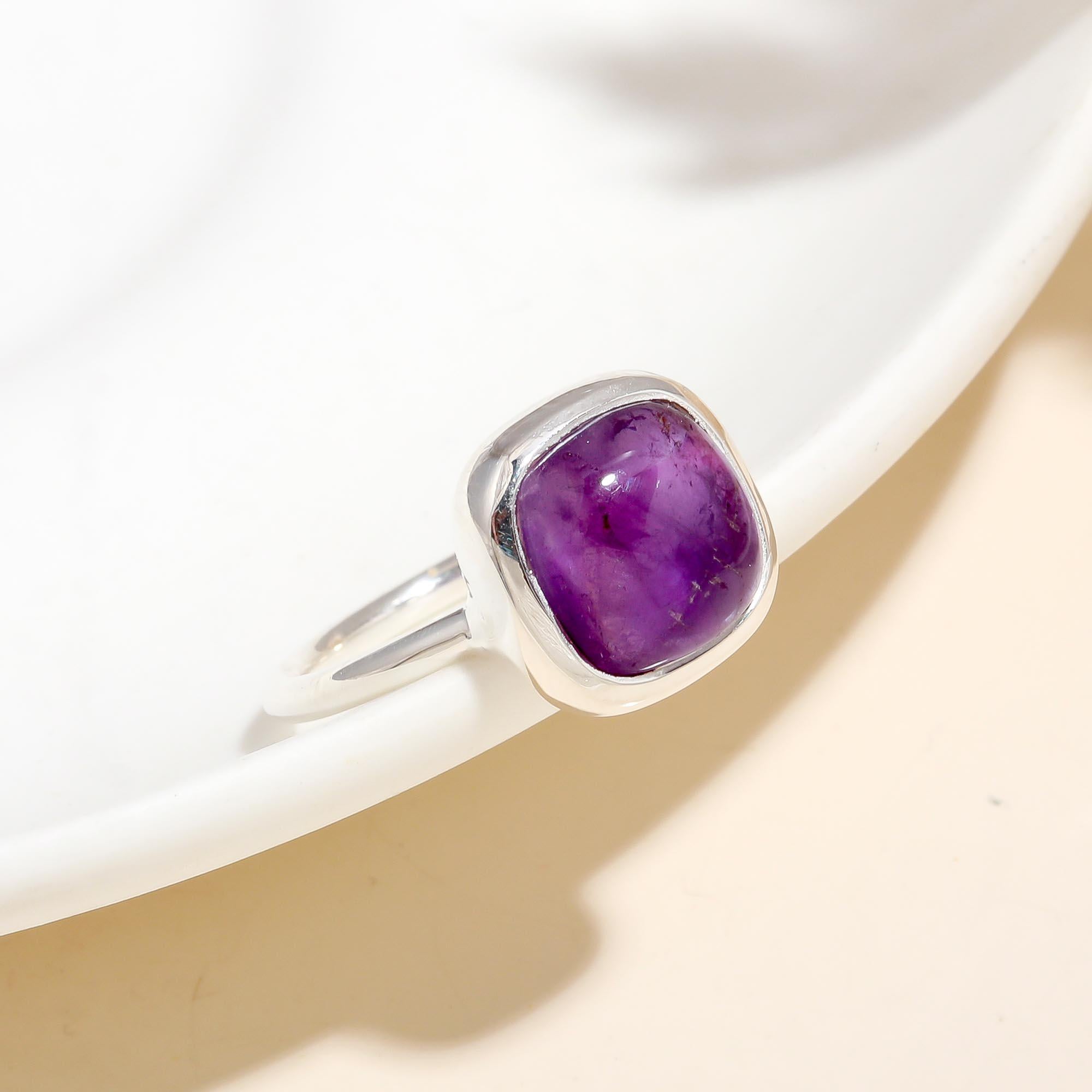 Handmade 925 Sterling Silver Brazil Cabochon Amethyst Ring