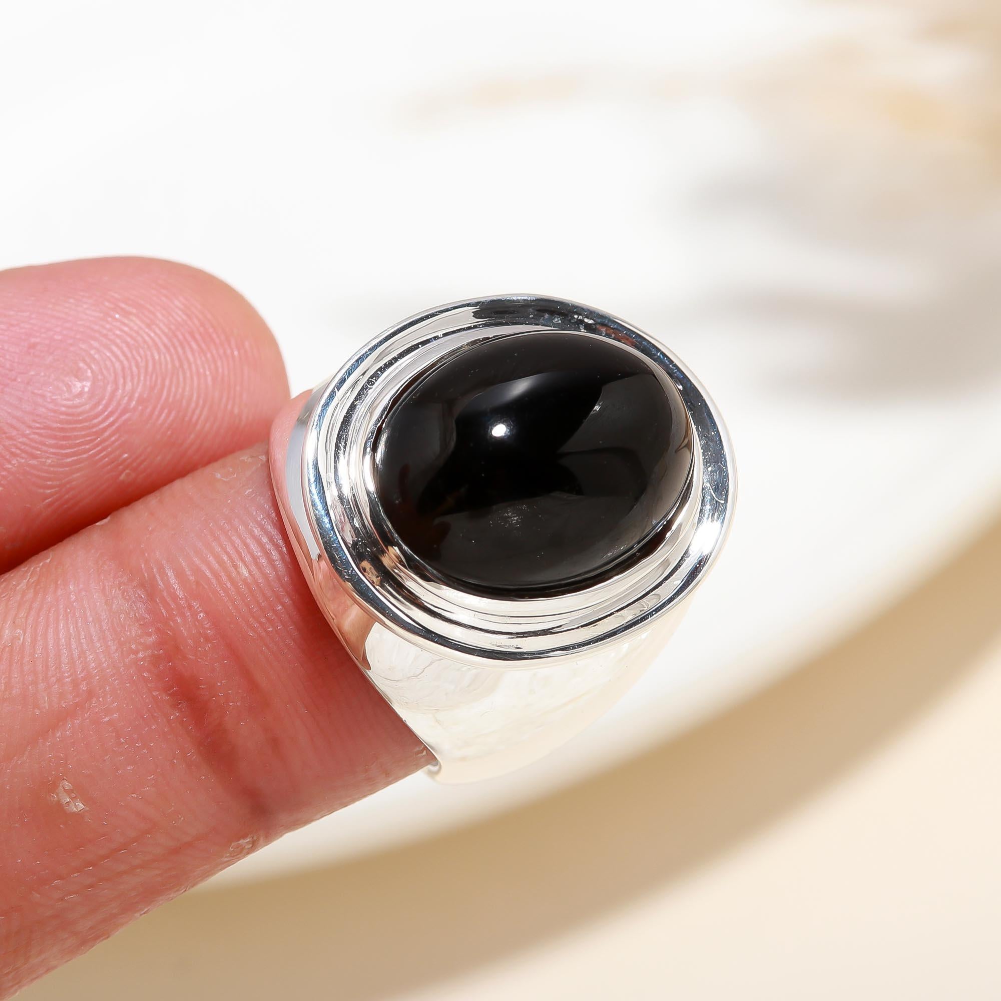 Solid 925 Silver Genuine Black Onyx Cabochon Ring