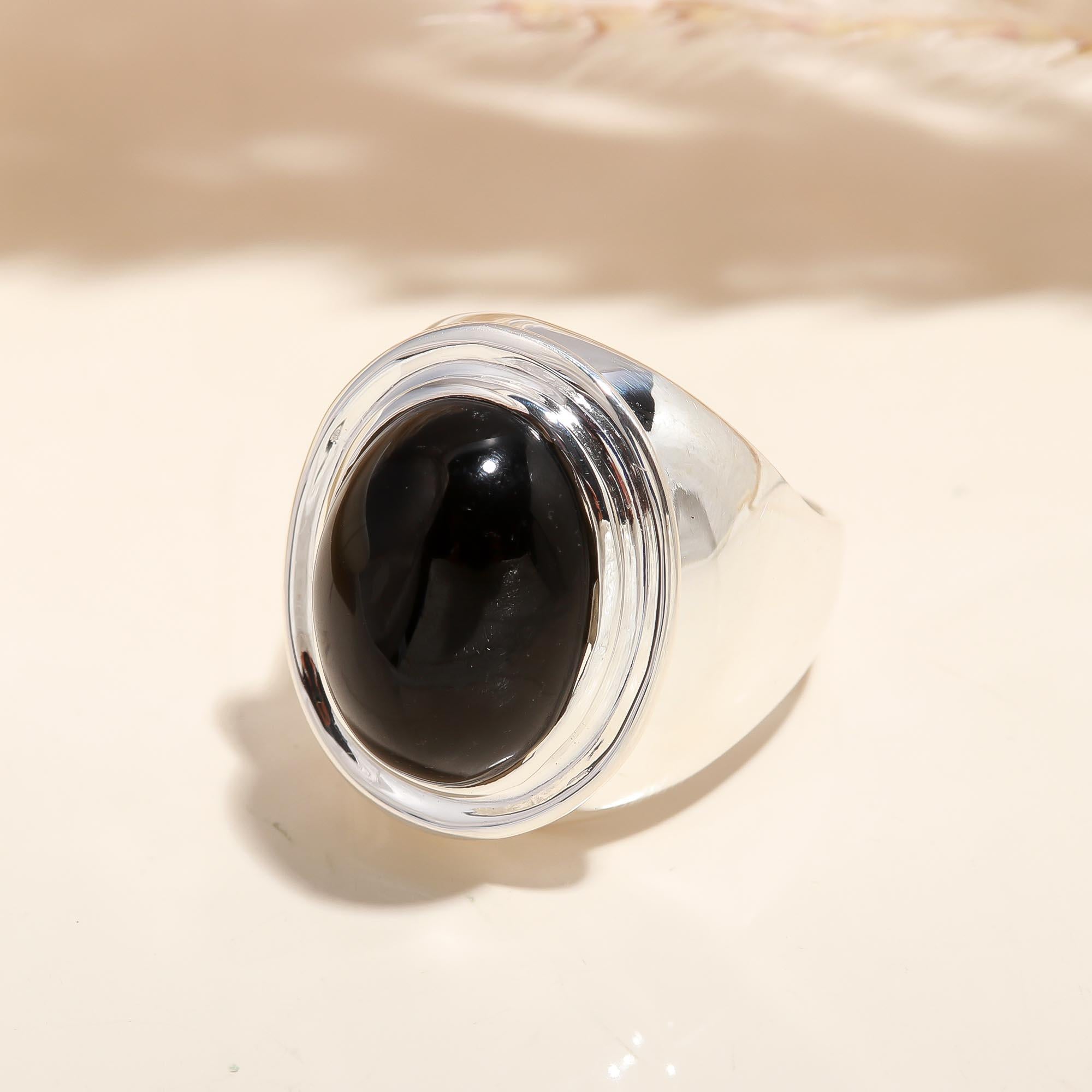 Solid 925 Silver Genuine Black Onyx Cabochon Ring