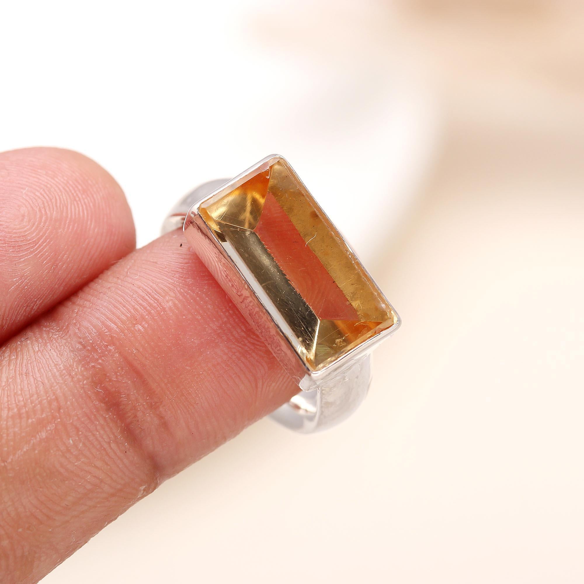 925 Silver Baguette Cut Citrine Ring