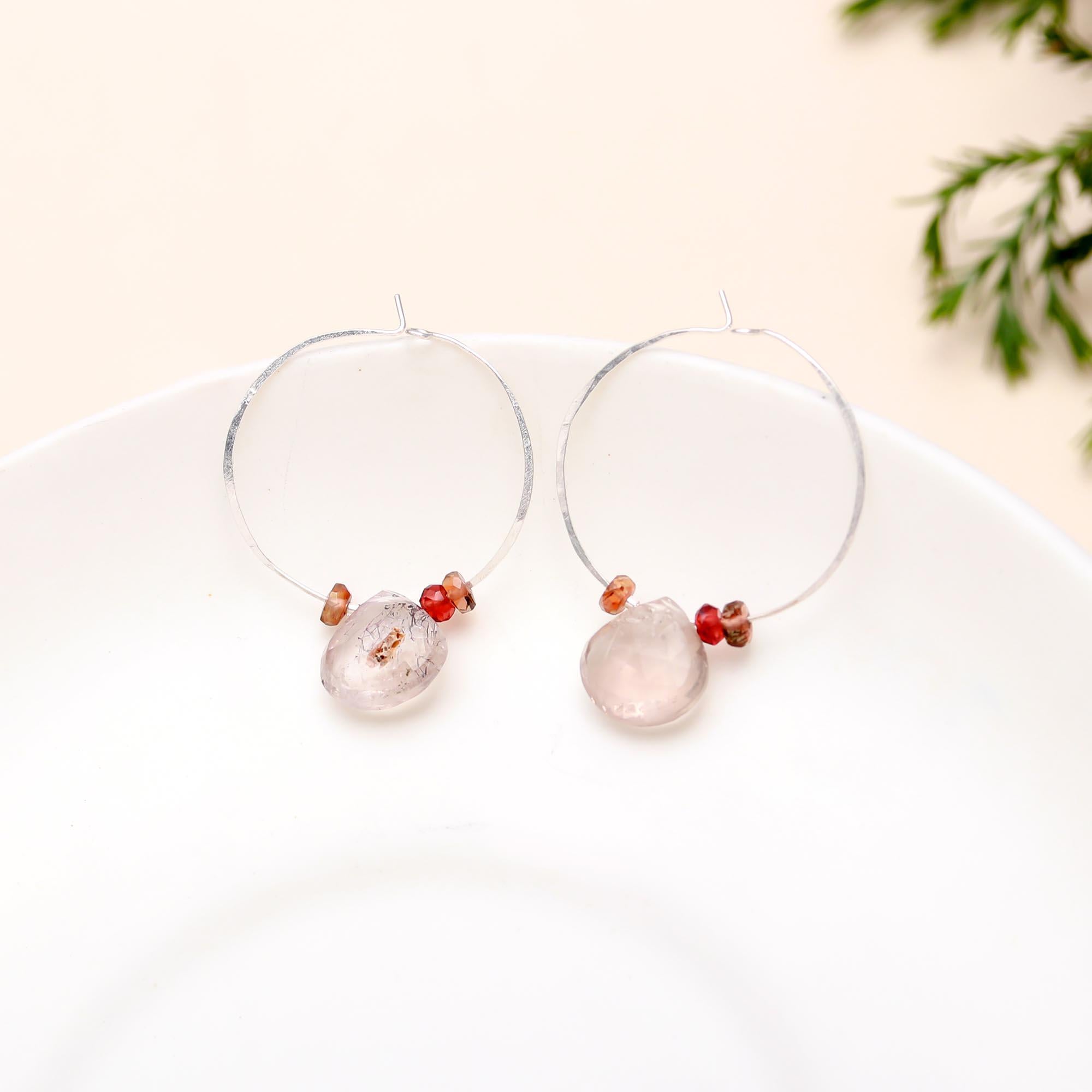 925 Silver Rose Quartz & Garnet Hoop Earrings