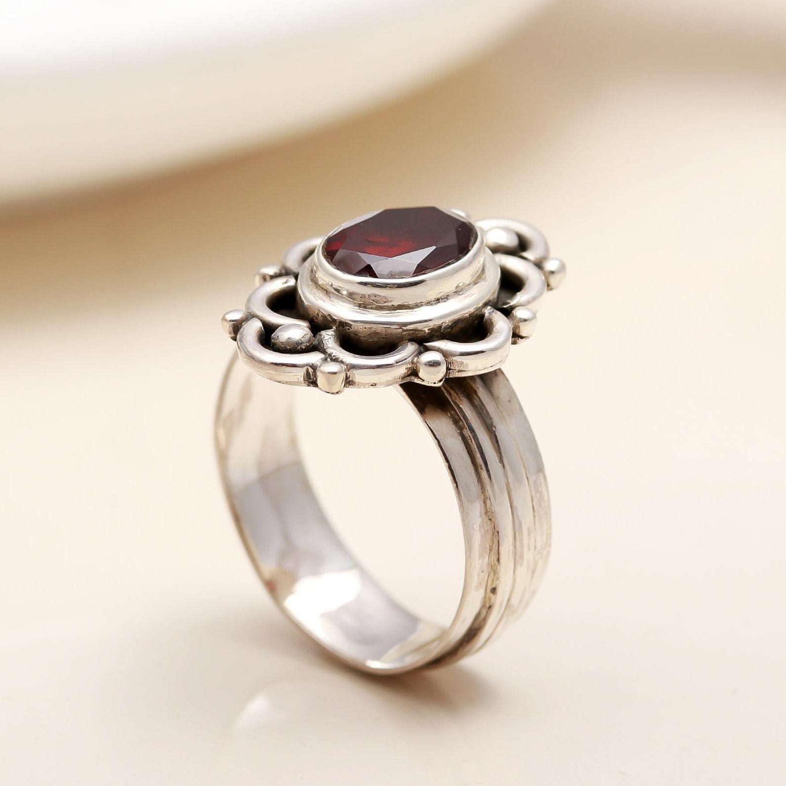 925 Silver Garnet Floral Ring