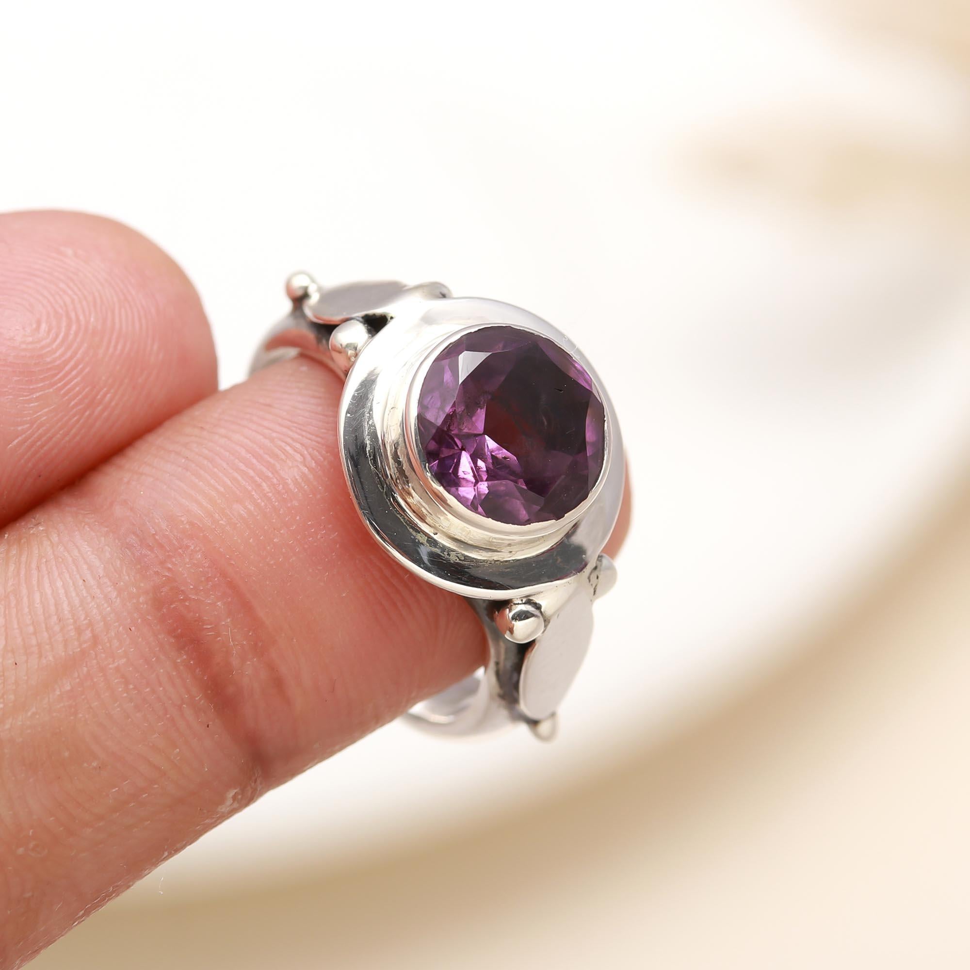 925 Silver Round Amethyst Ring