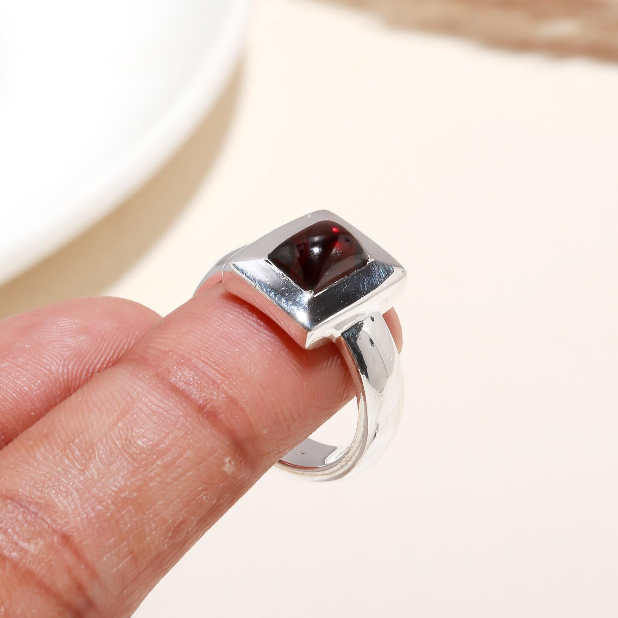 925 Silver Square Garnet Ring