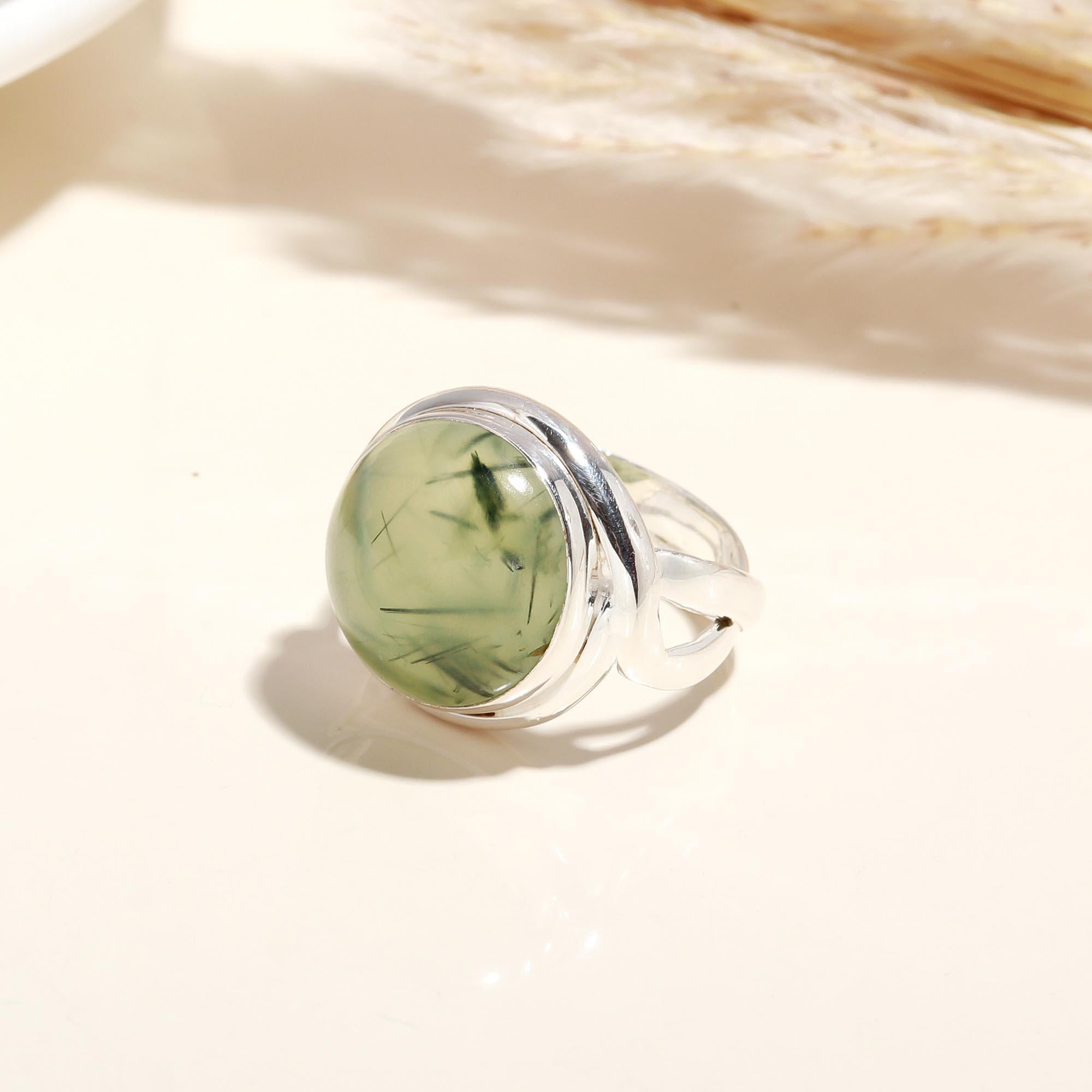 The Serene Orb: Prehnite Cabochon & Silver Solitaire Ring