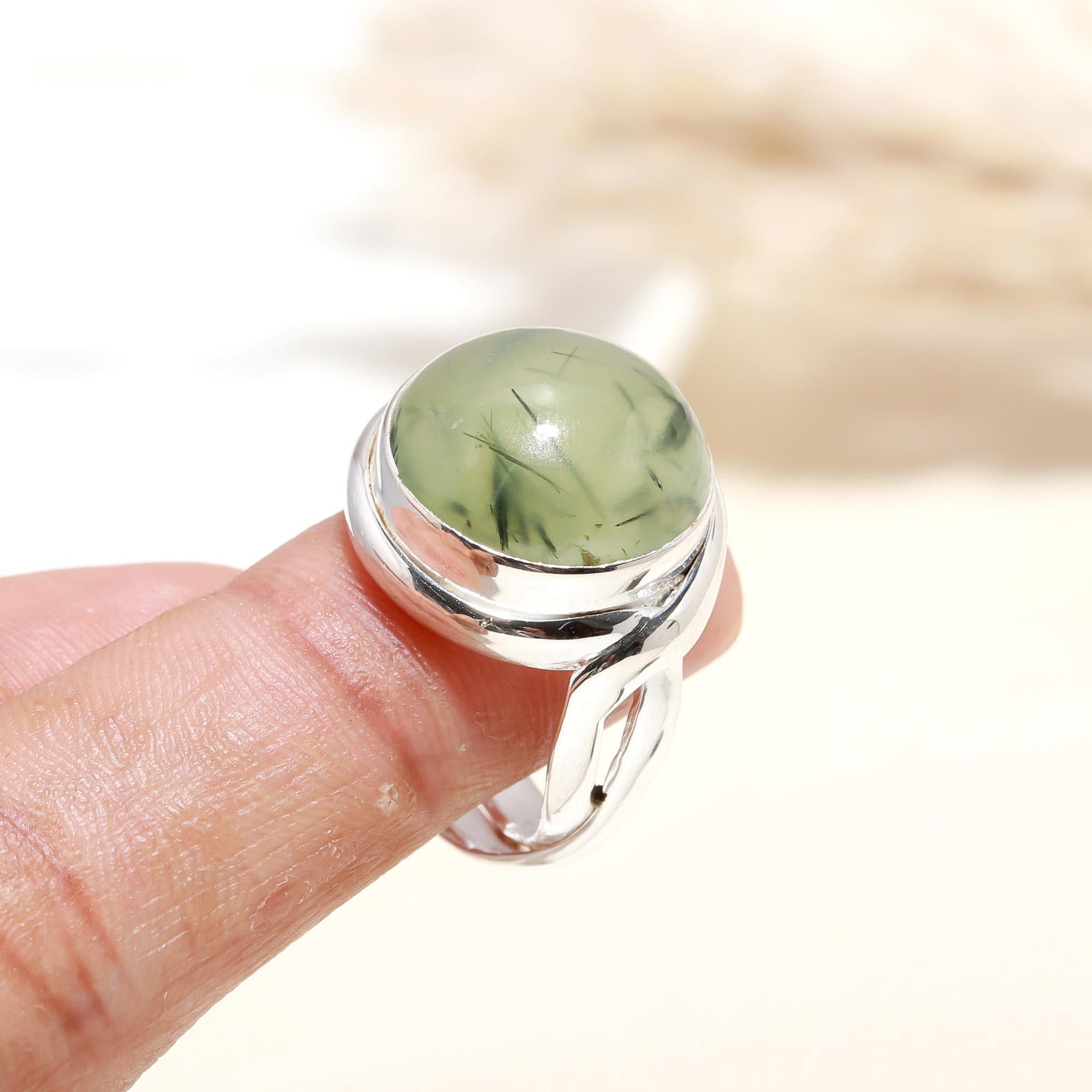 The Serene Orb: Prehnite Cabochon & Silver Solitaire Ring