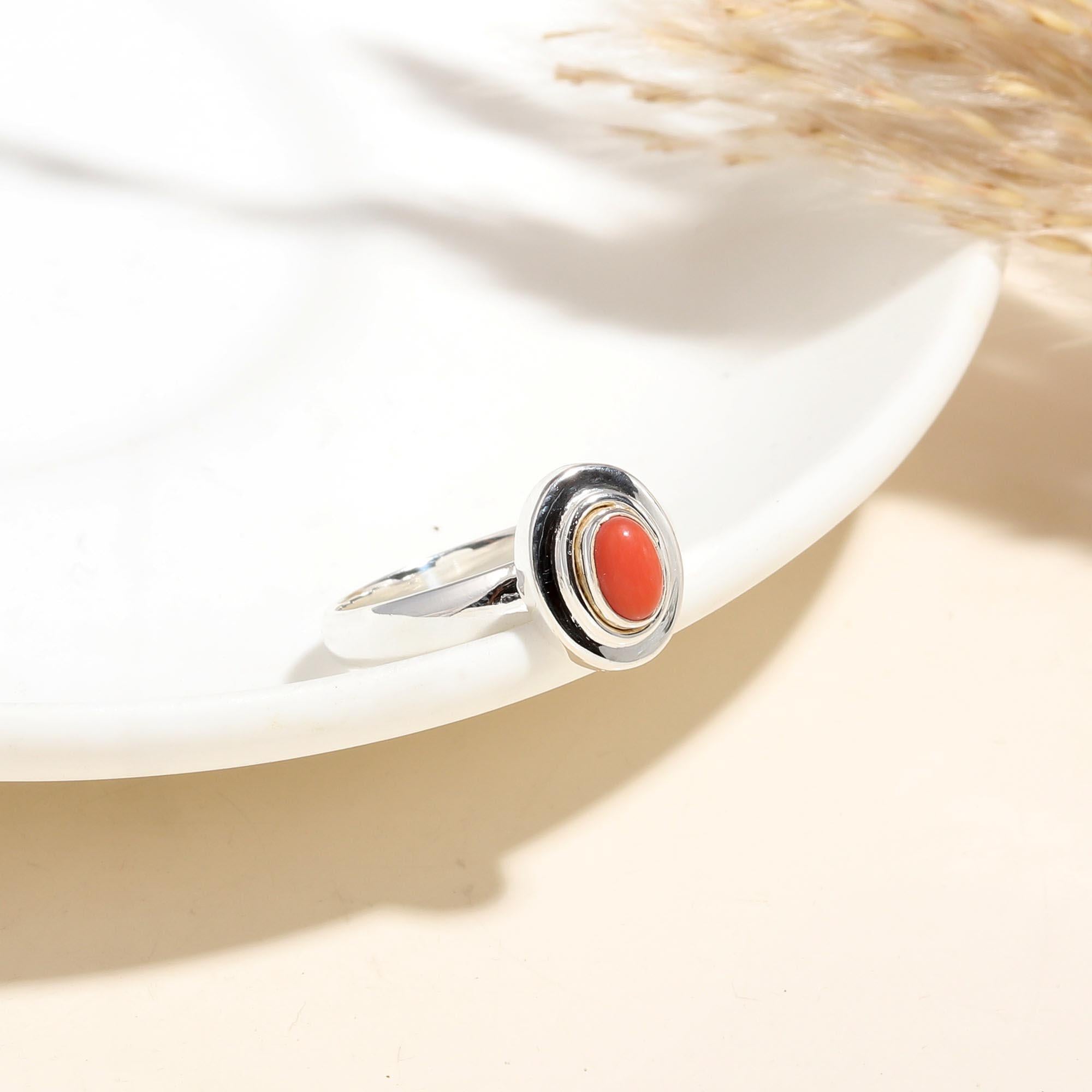 925 Silver Oval Red Coral Ring