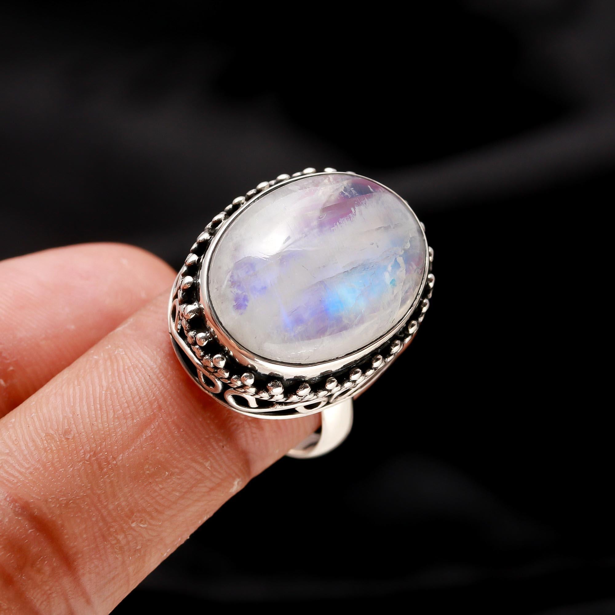 925 Silver Oval Moonstone Boho Ring