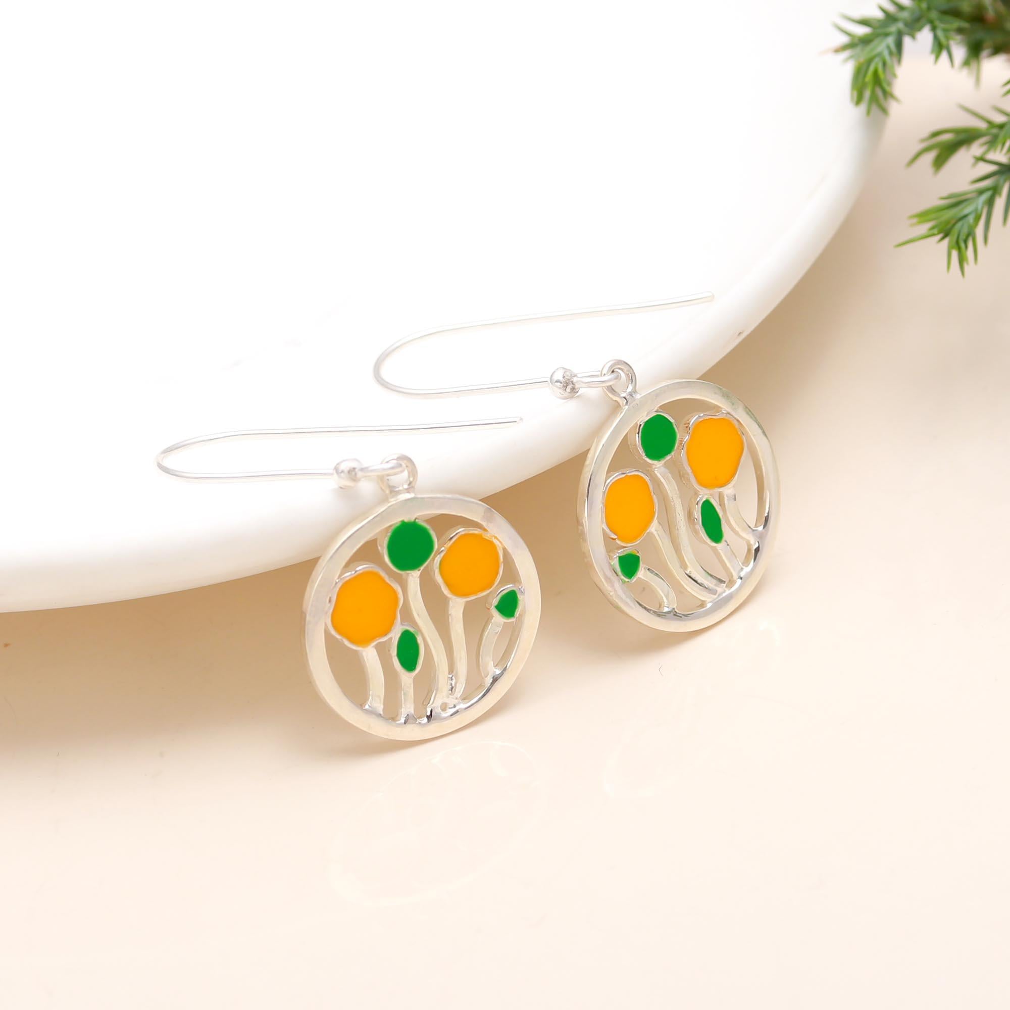 925 Silver Enamel Flower Dangle Earrings