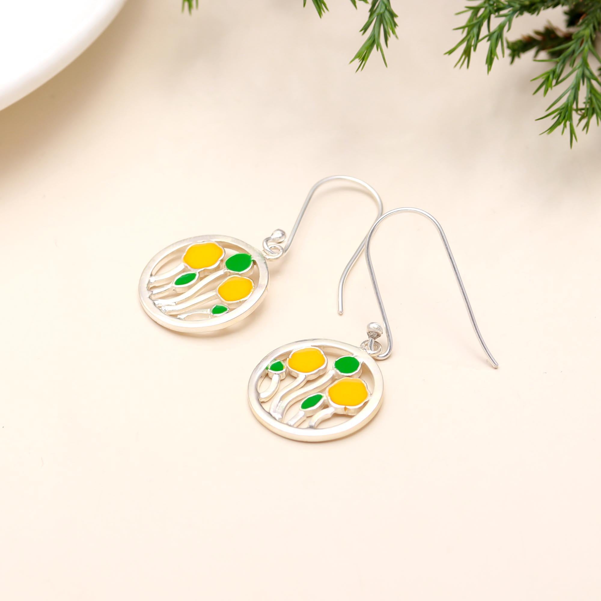 925 Silver Enamel Flower Dangle Earrings