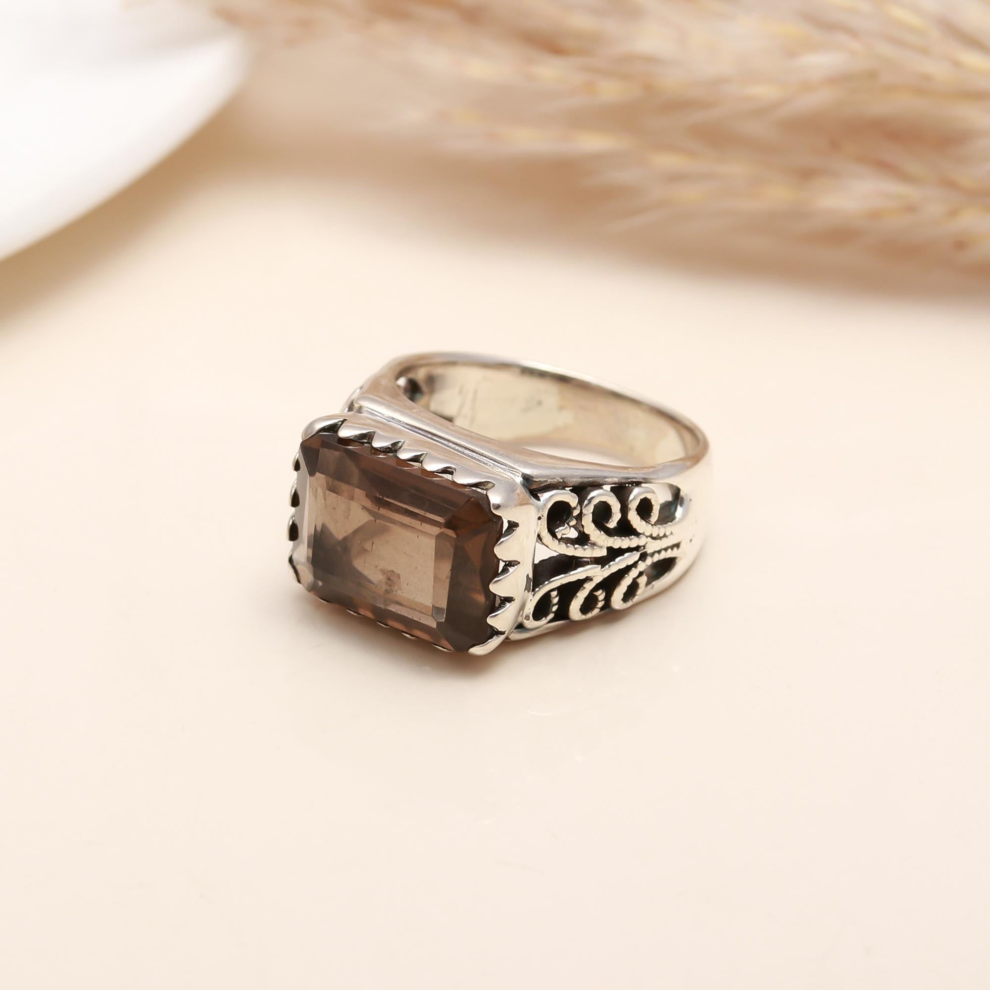 925 Silver Emerald Cut Smoky Quartz Ring