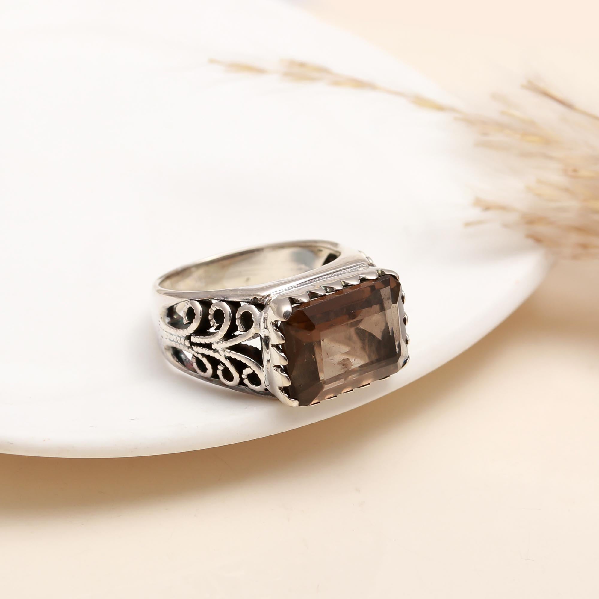 925 Silver Emerald Cut Smoky Quartz Ring