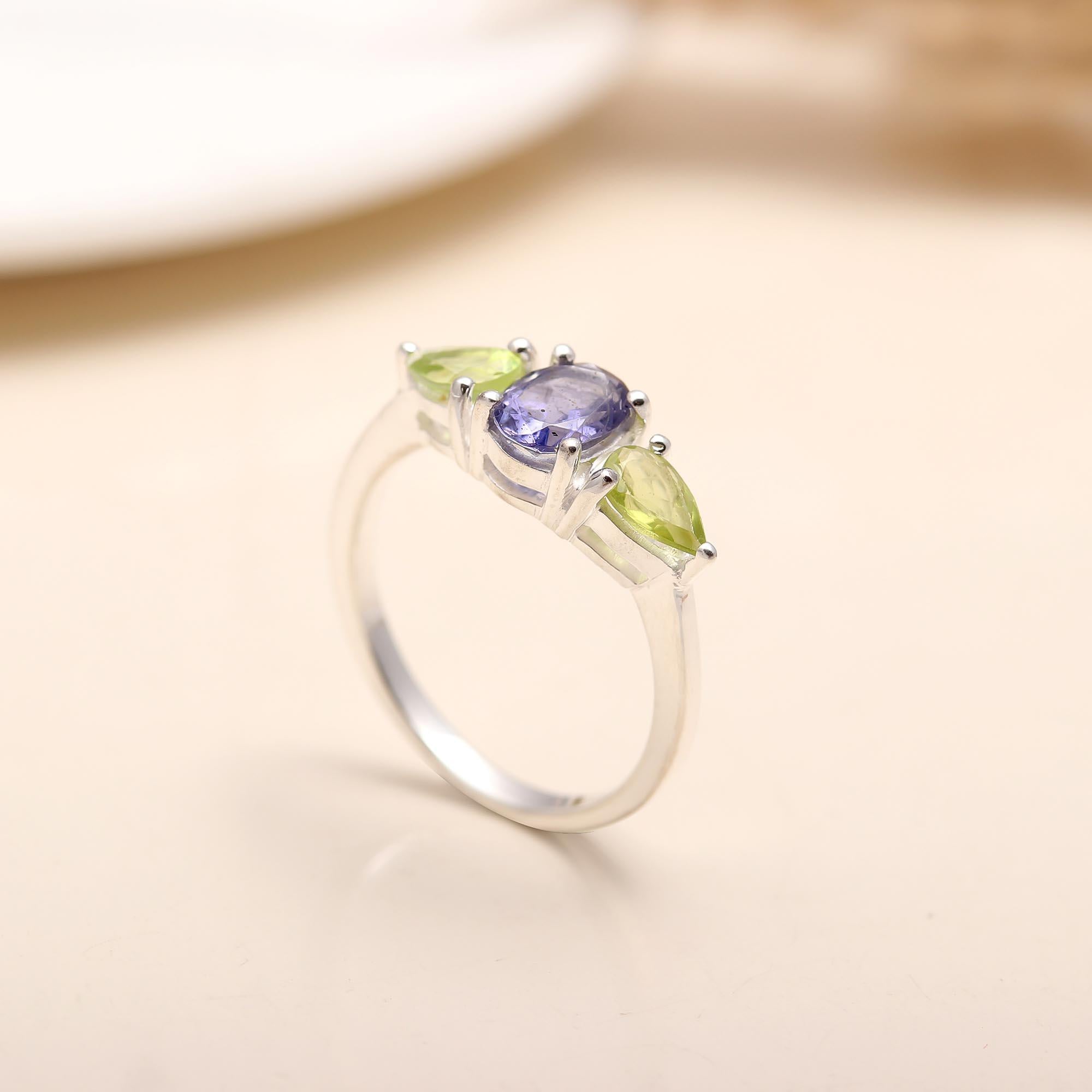 925 Silver Iolite and Peridot Ring