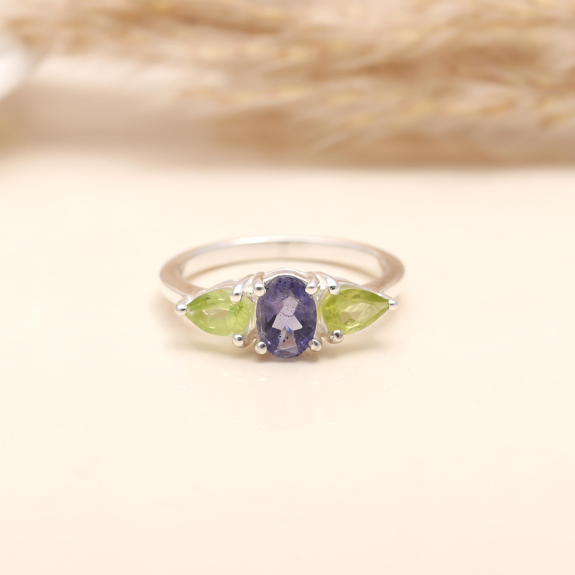 925 Silver Iolite and Peridot Ring