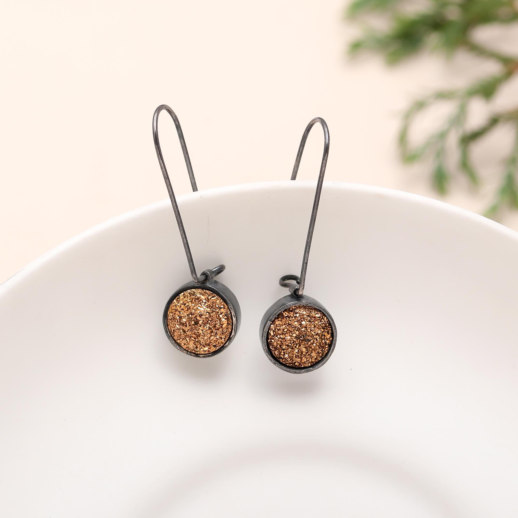 The Gilded Eclipse: Titanium Gold Drusy Oxidized Silver Earrings