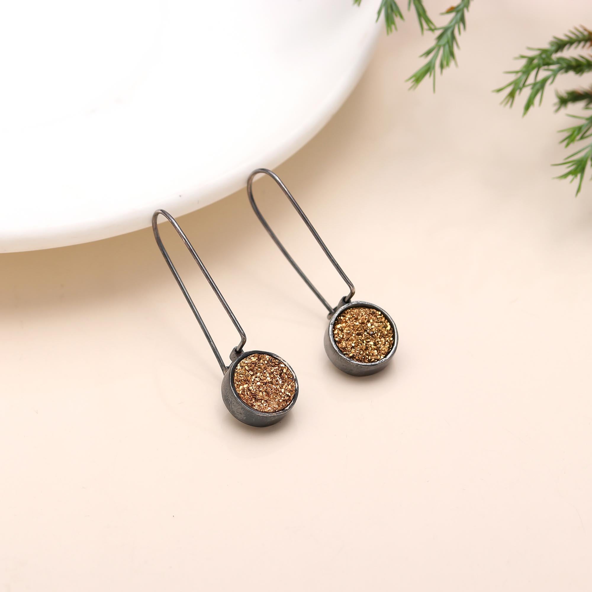 The Gilded Eclipse: Titanium Gold Drusy Oxidized Silver Earrings