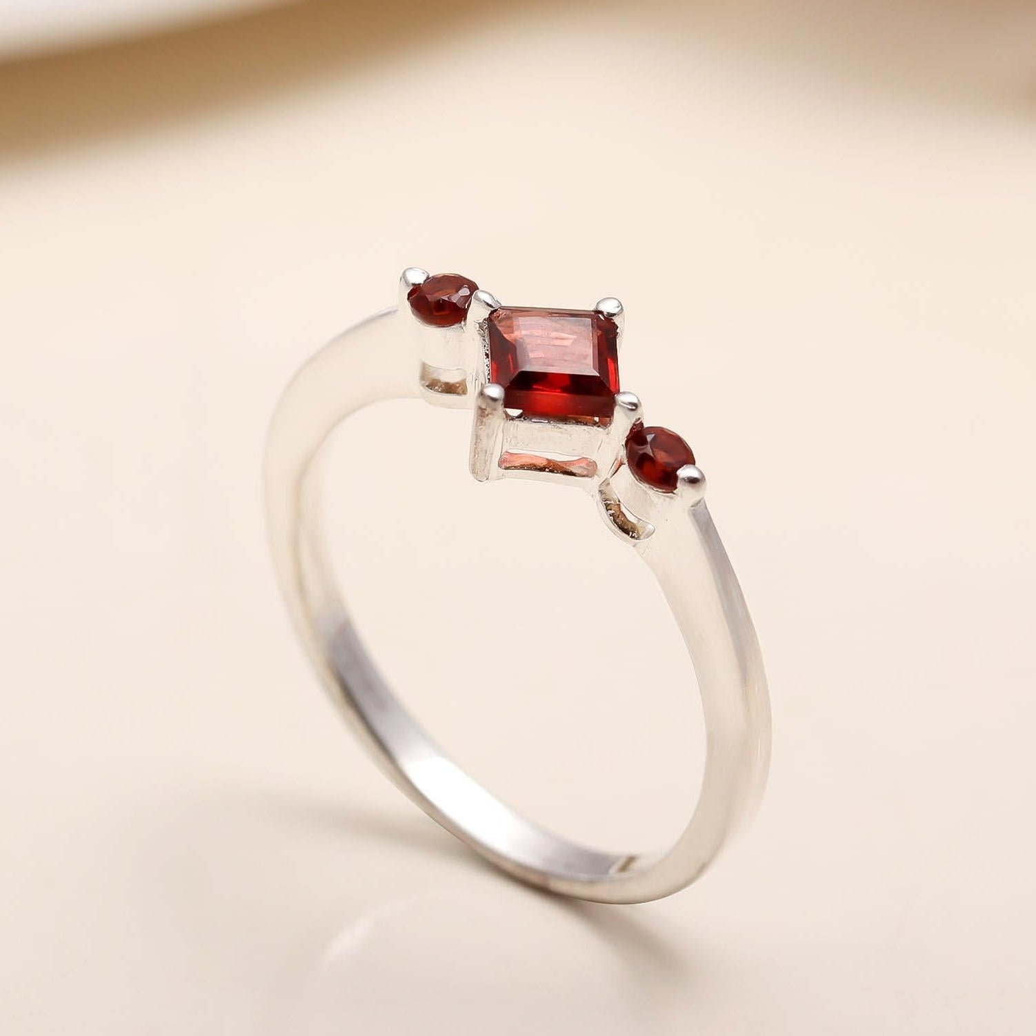 925 Silver Square Garnet Ring