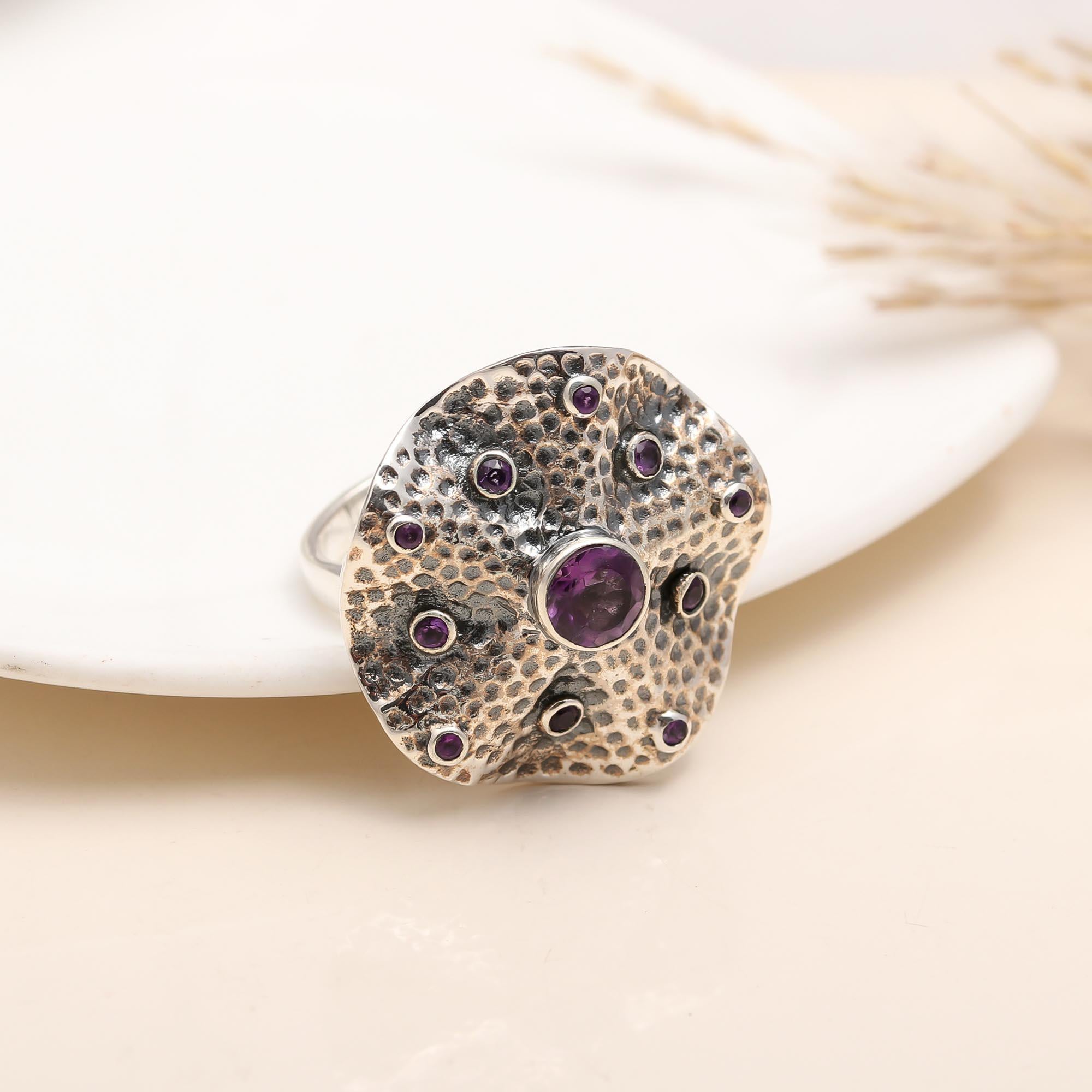 925 Silver Textured Dome Ring with amethyst accents