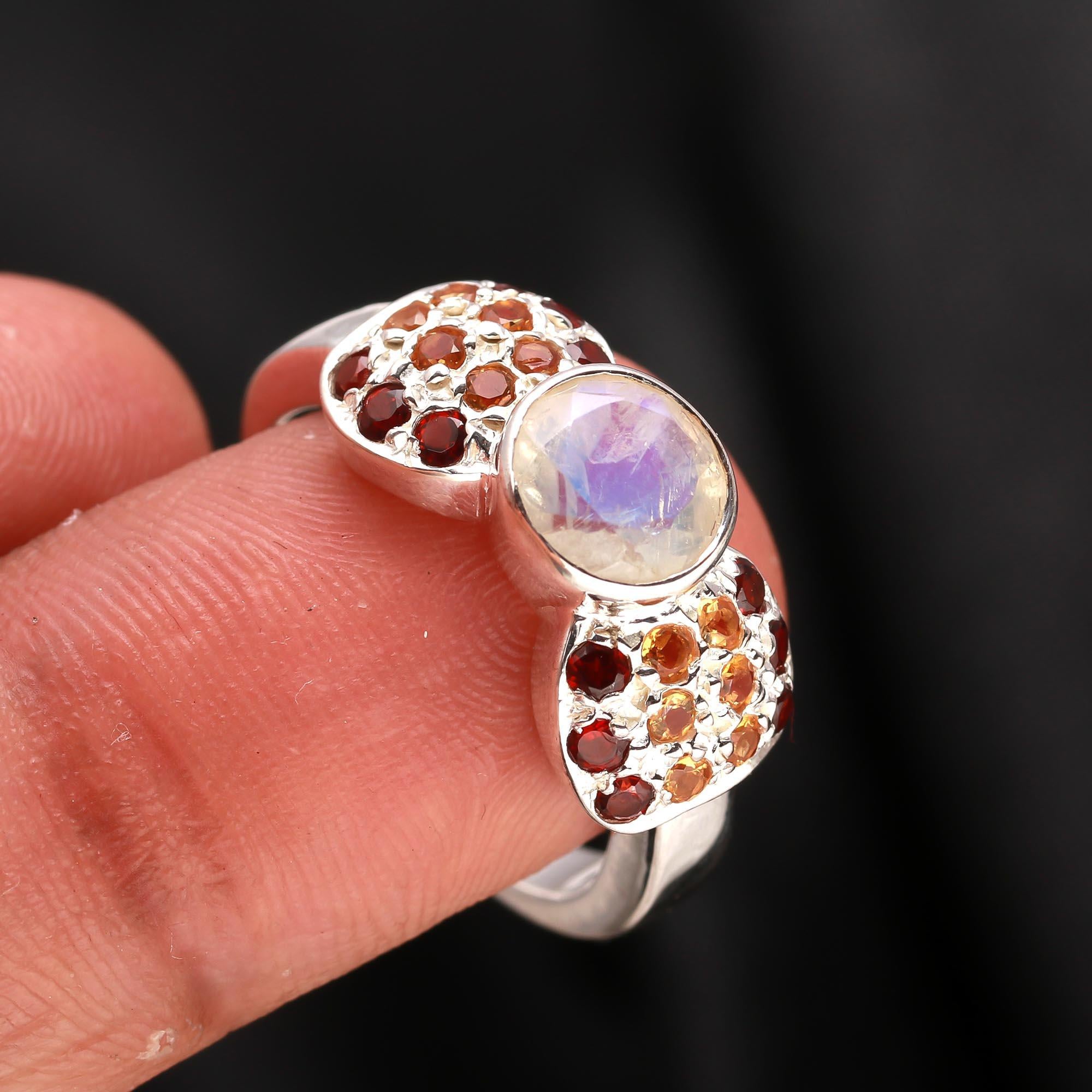 Trio gemstone silver ring with moonstone, garnet, and citrine