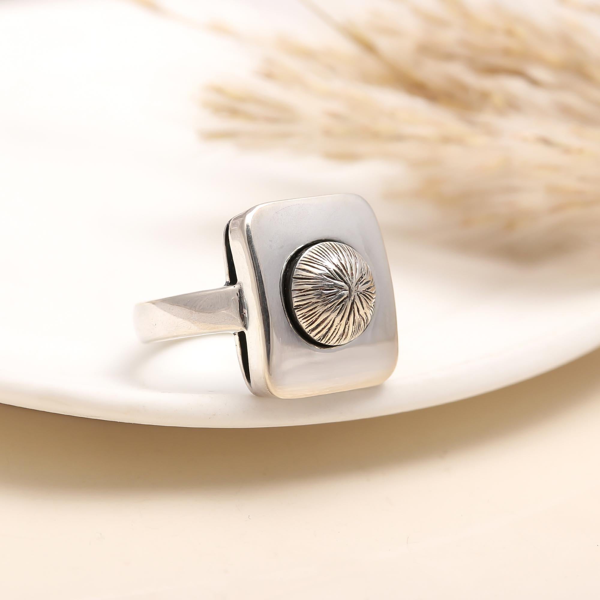 925 Silver Square Ring with Textured Dome Center close-up