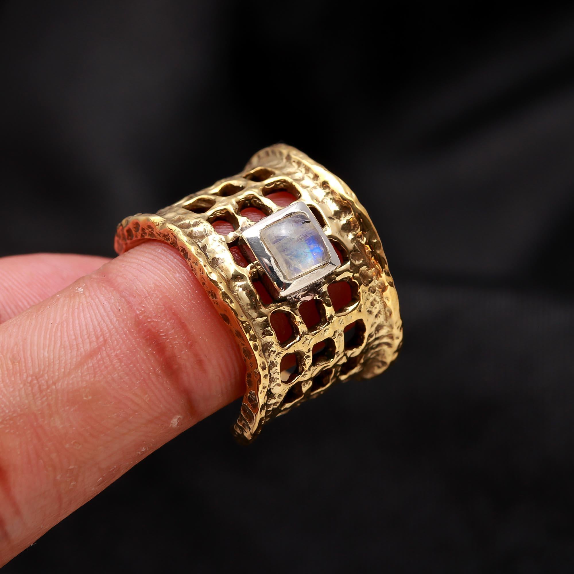 Modern wide grid moonstone silver ring on finger