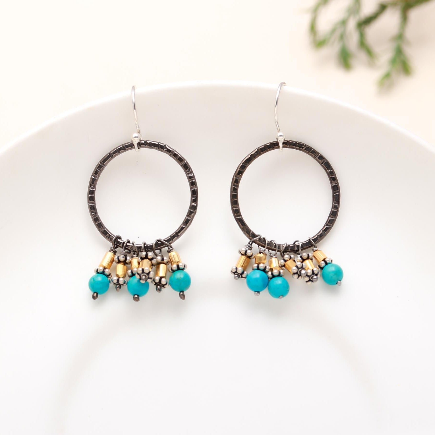 The Rustic Azure: Turquoise & Oxidized Silver Cluster Hoops