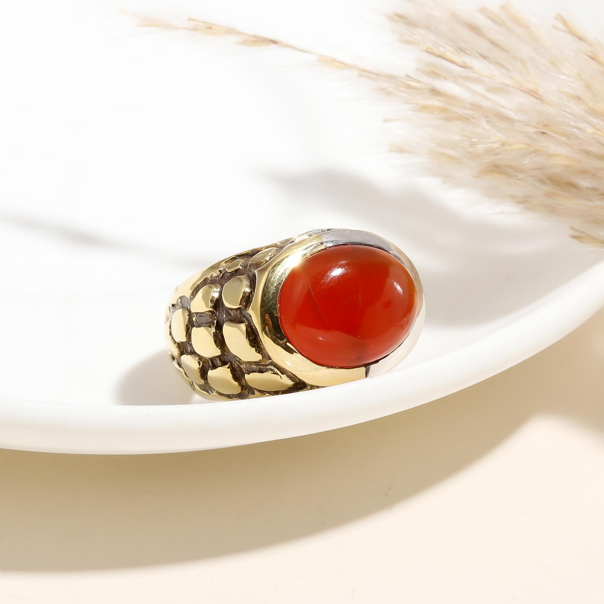 925 Silver Textured Band Ring with Red Carnelian close-up