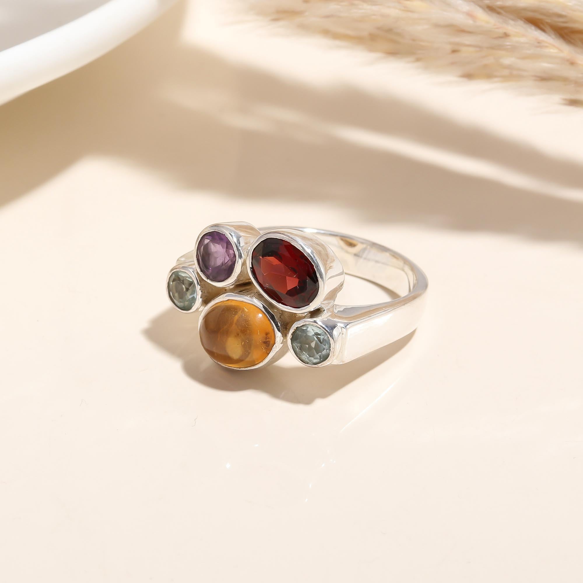 Sterling silver colorful cocktail ring front view