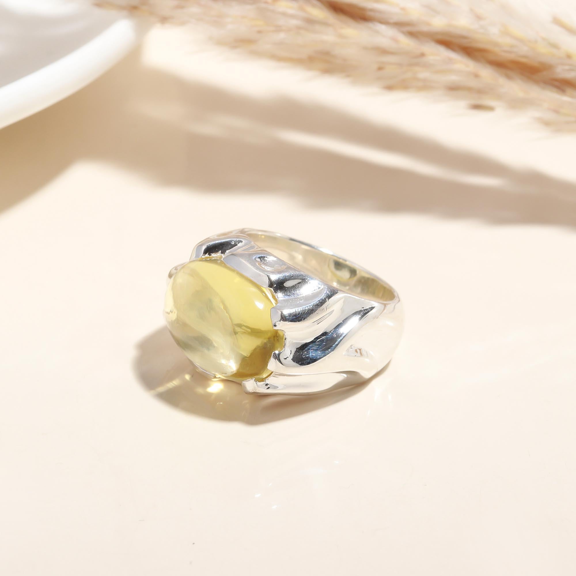 Unisex wide band sterling silver ring with green amber