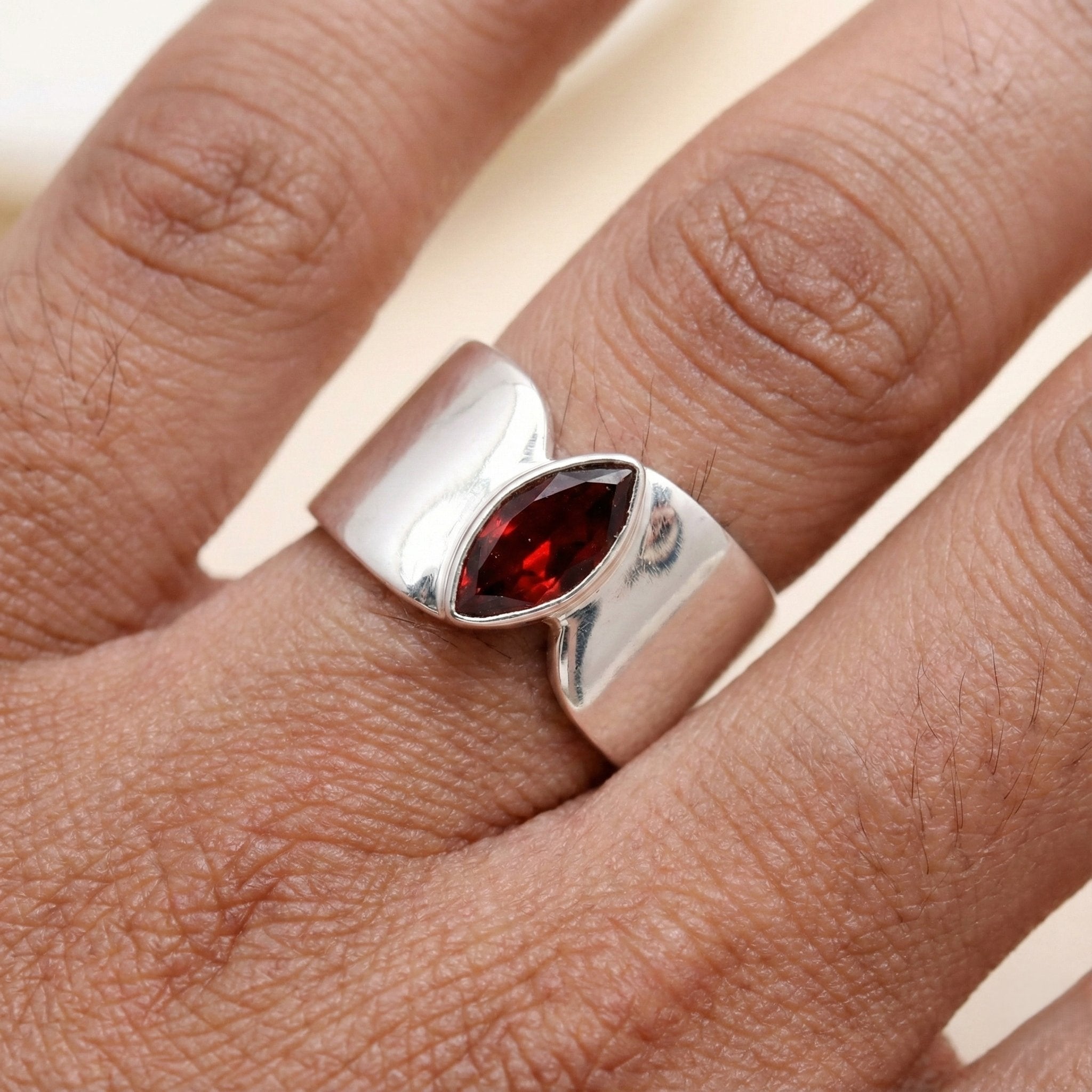 Silver Marquise Garnet Band Ring